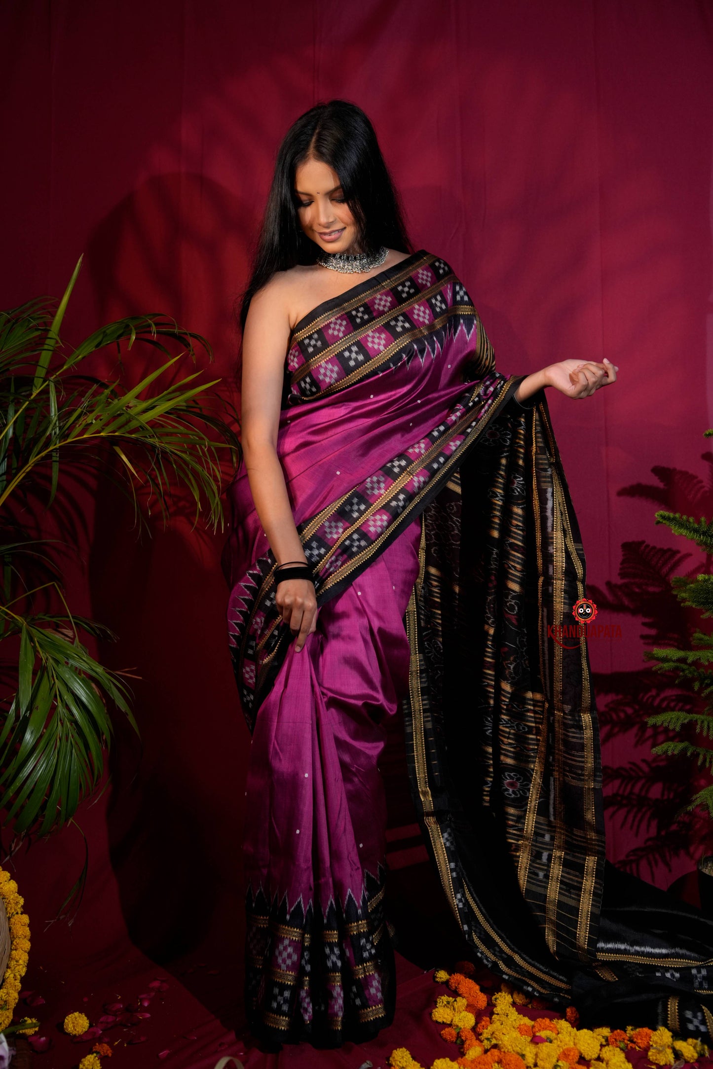 Magenta Colour Double Border Dot Design Silk Saree For Women