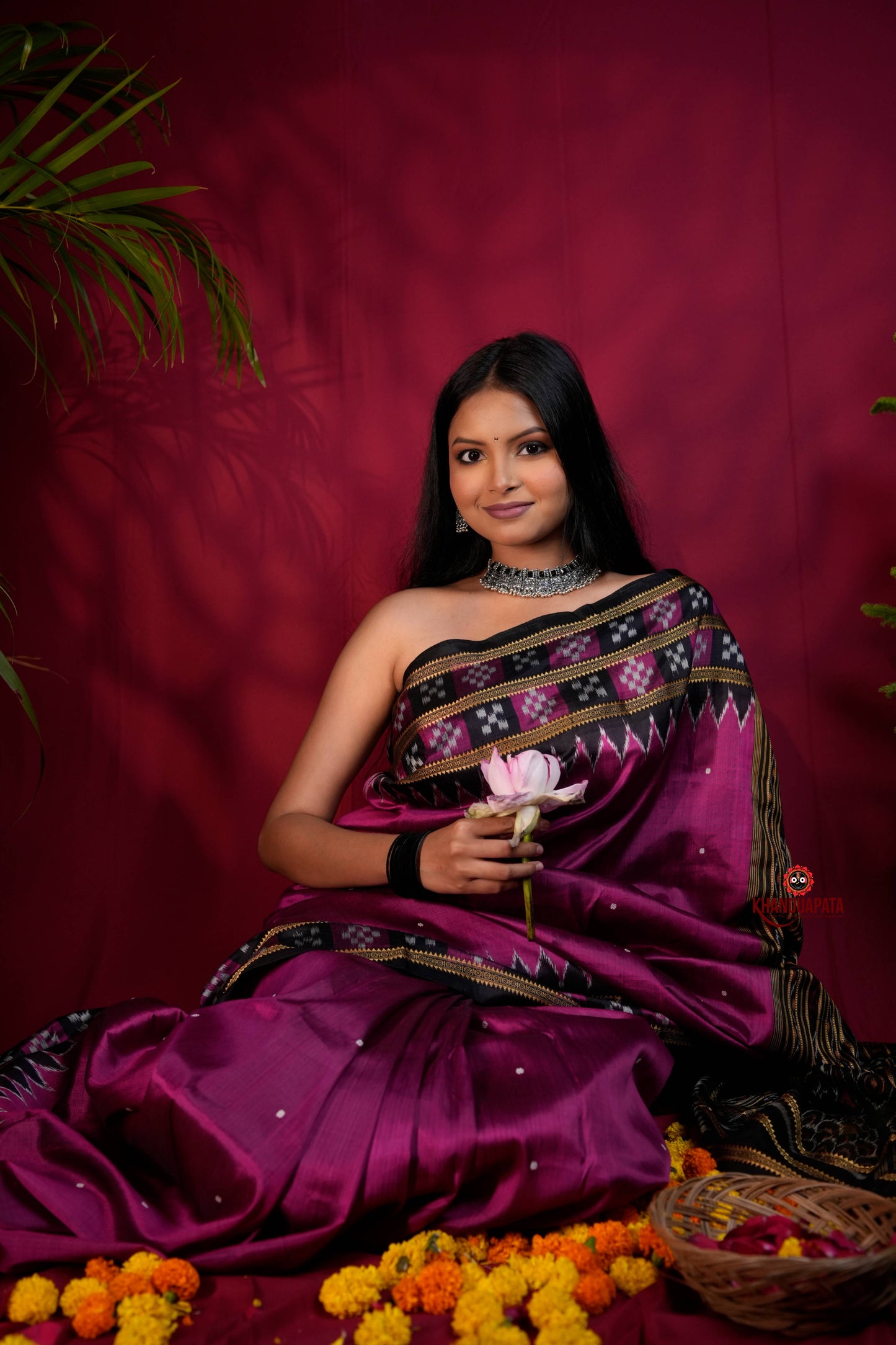 Magenta Colour Double Border Dot Design Silk Saree For Women