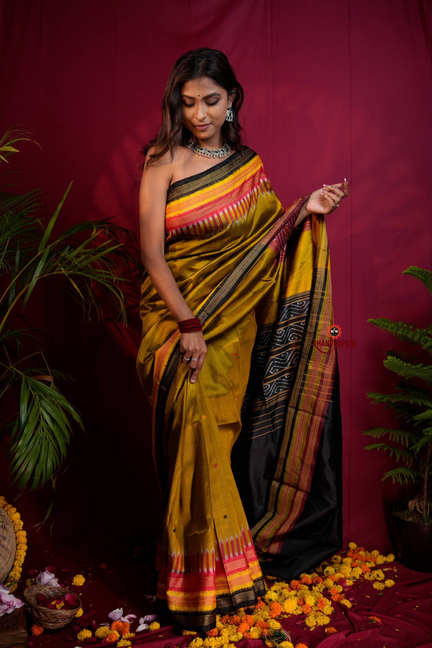 Black & Mustard Yellow Multi Colour Dot Design Silk Saree For Women