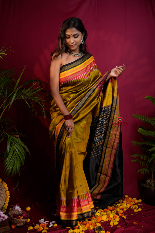 Black & Mustard Yellow Multi Colour Dot Design Silk Saree For Women