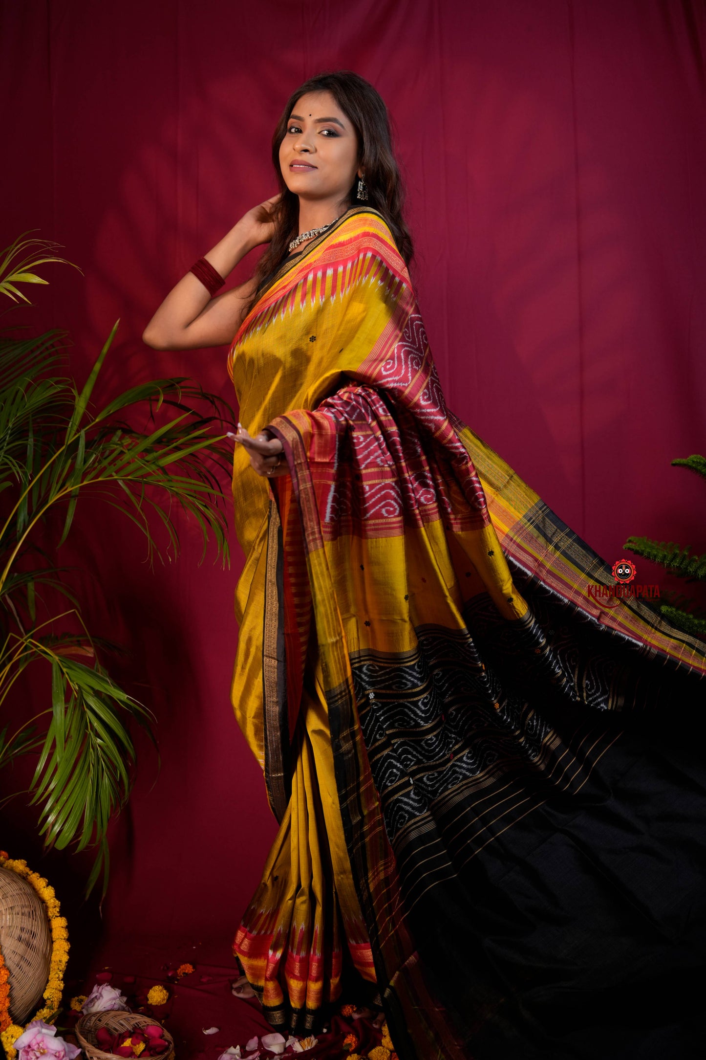 Black & Mustard Yellow Multi Colour Dot Design Silk Saree For Women