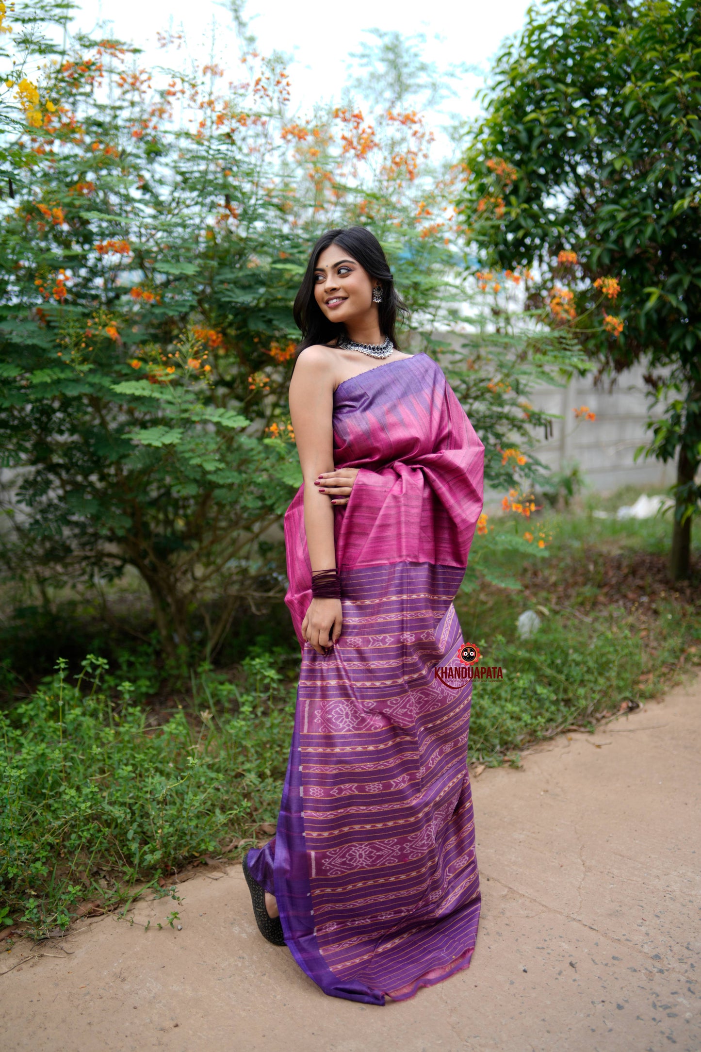 Blue & Pink Colour Plain Tussar Silk Saree For Women