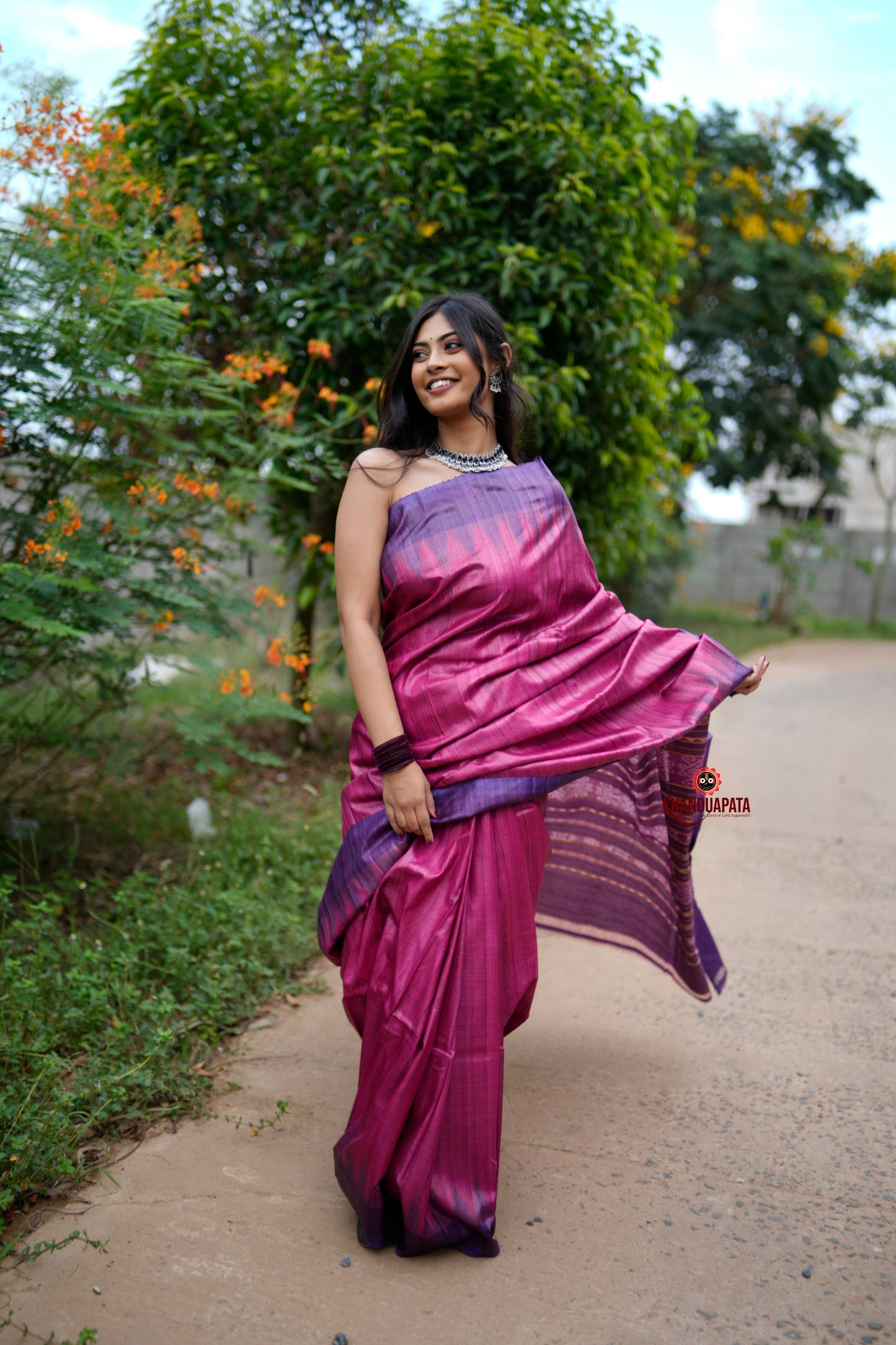 Blue & Pink Colour Plain Tussar Silk Saree For Women