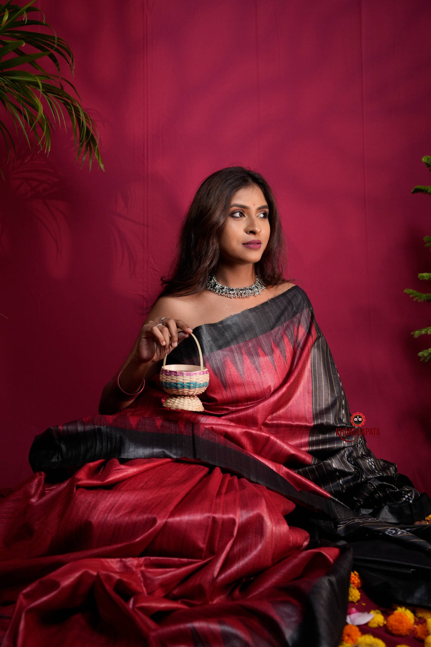 Black & Red Colour Plain Tussar Silk Saree For Women