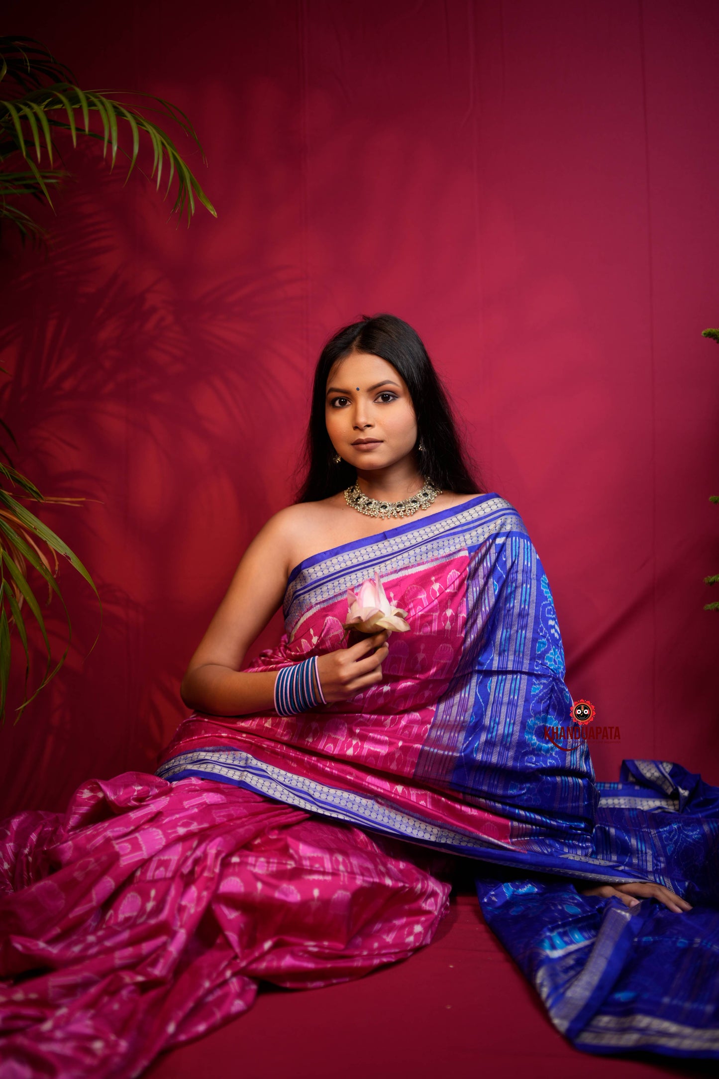 Blue & Red Tribal Design Silk Saree For Women