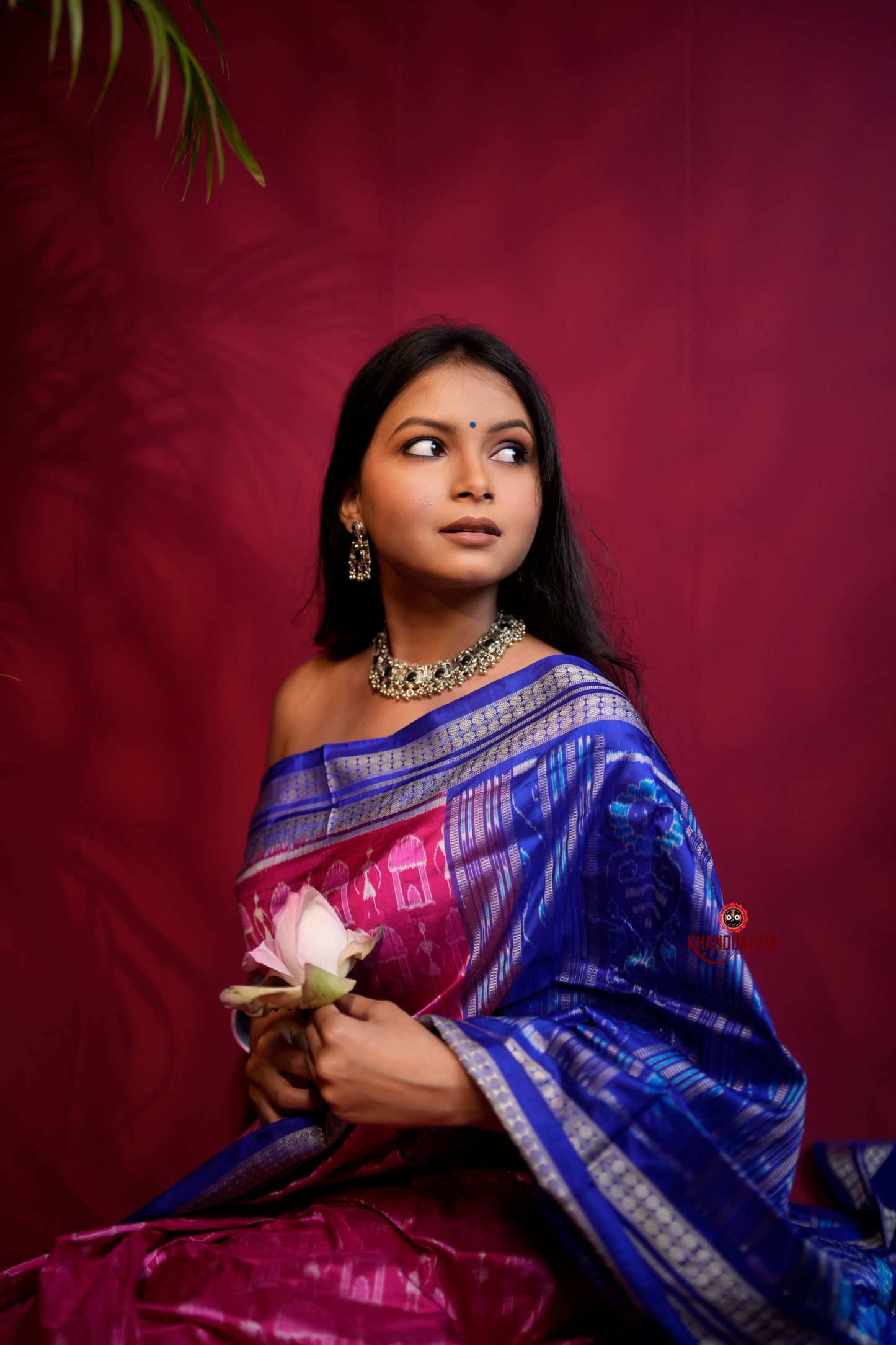 Blue & Red Tribal Design Silk Saree For Women
