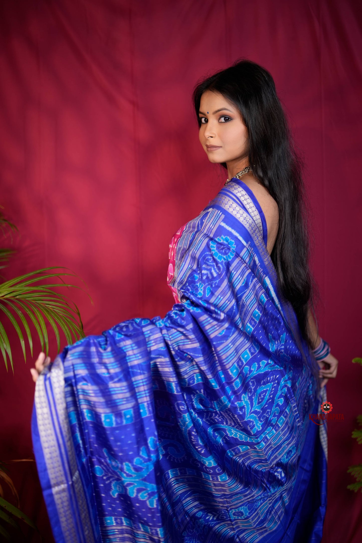 Blue & Red Tribal Design Silk Saree For Women