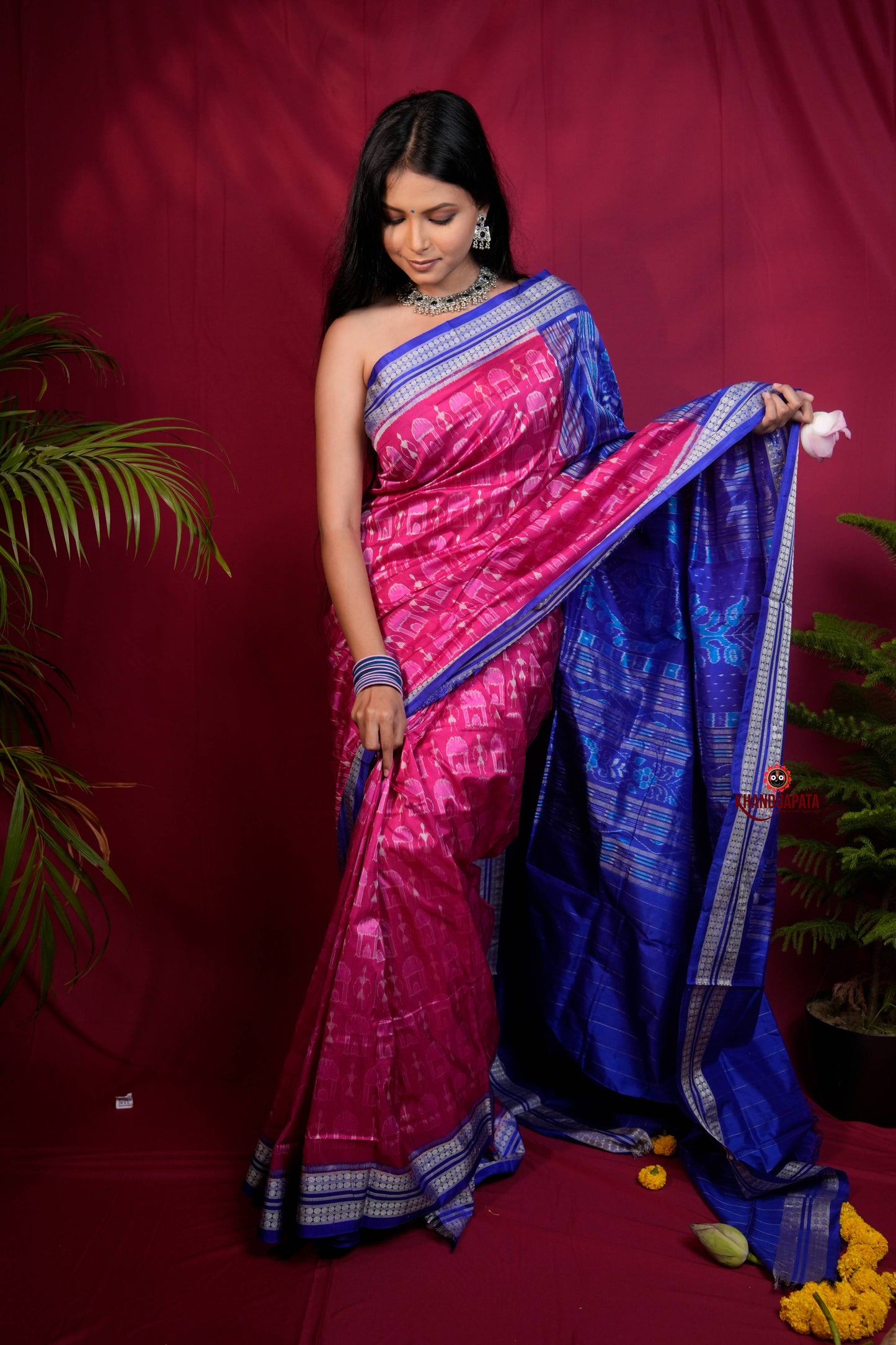 Blue & Red Tribal Design Silk Saree For Women
