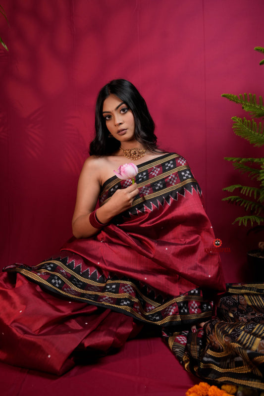 Black & Maroon Colour Double Border Dot Design Silk Saree For Women