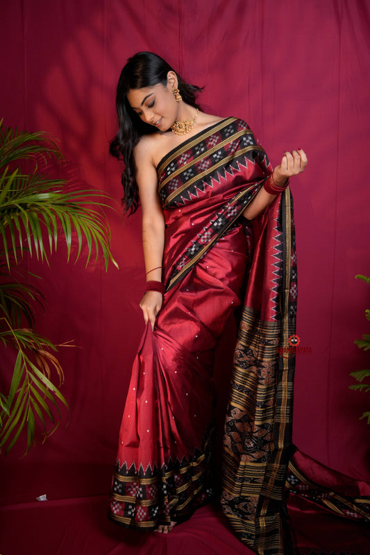 Black & Maroon Colour Double Border Dot Design Silk Saree For Women