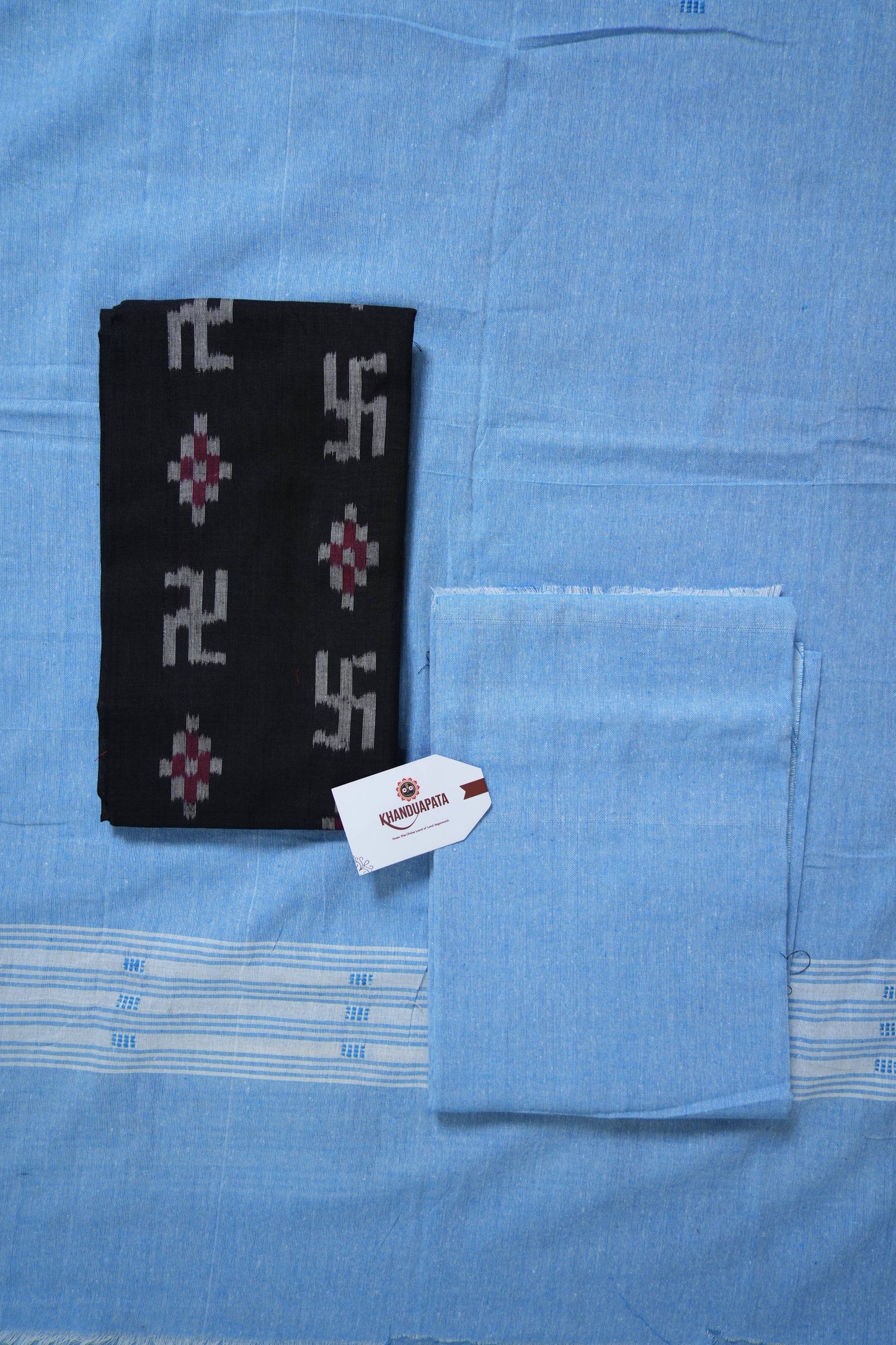 Black & Light Blue Pasapali Swastik Design Unstitched Cotton Suit For Women
