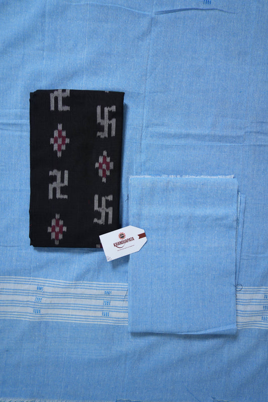 Black & Light Blue Pasapali Swastik Design Unstitched Cotton Suit For Women
