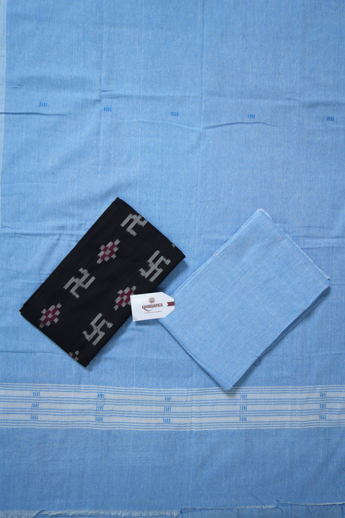 Black & Light Blue Pasapali Swastik Design Unstitched Cotton Suit For Women