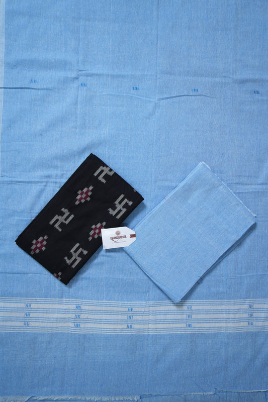Black & Light Blue Pasapali Swastik Design Unstitched Cotton Suit For Women