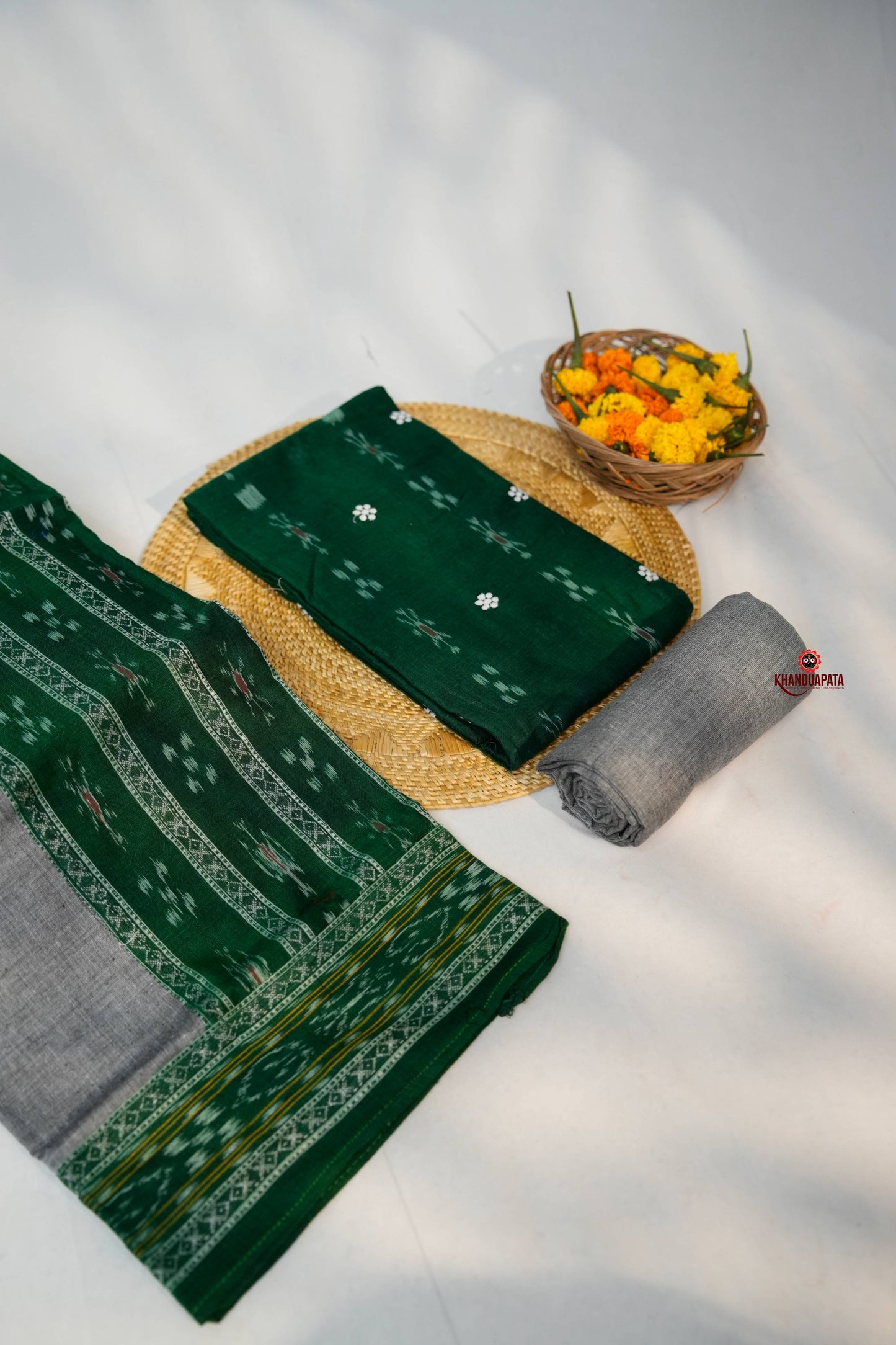 Green & Grey Small Flower Design Unstitched Cotton Suit For Women