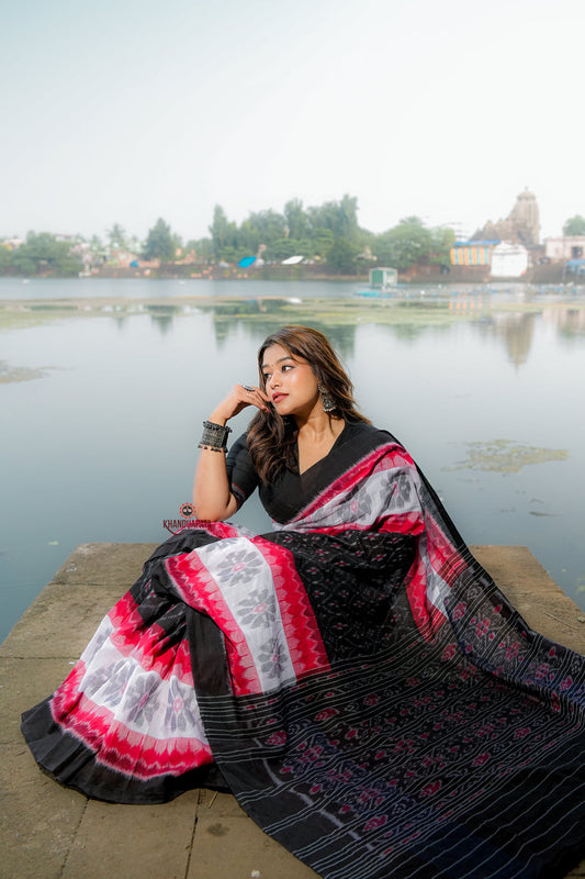Black Flower Design Cotton Saree For Women