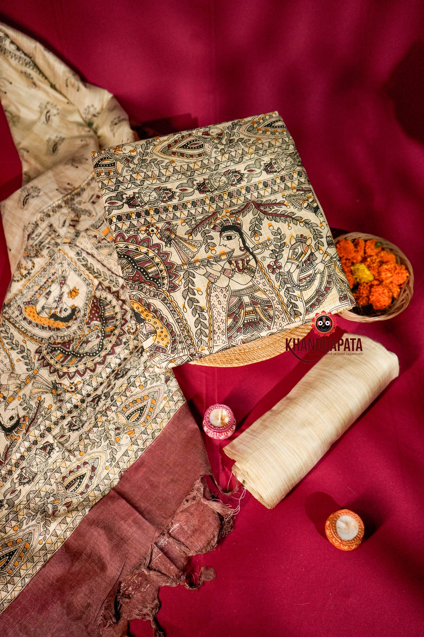 Beige & Light Maroon Colour Unstitched Khadi Cotton Suit For Women