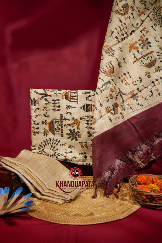 Beige & Maroon Colour Unstitched Khadi Cotton Suit For Women