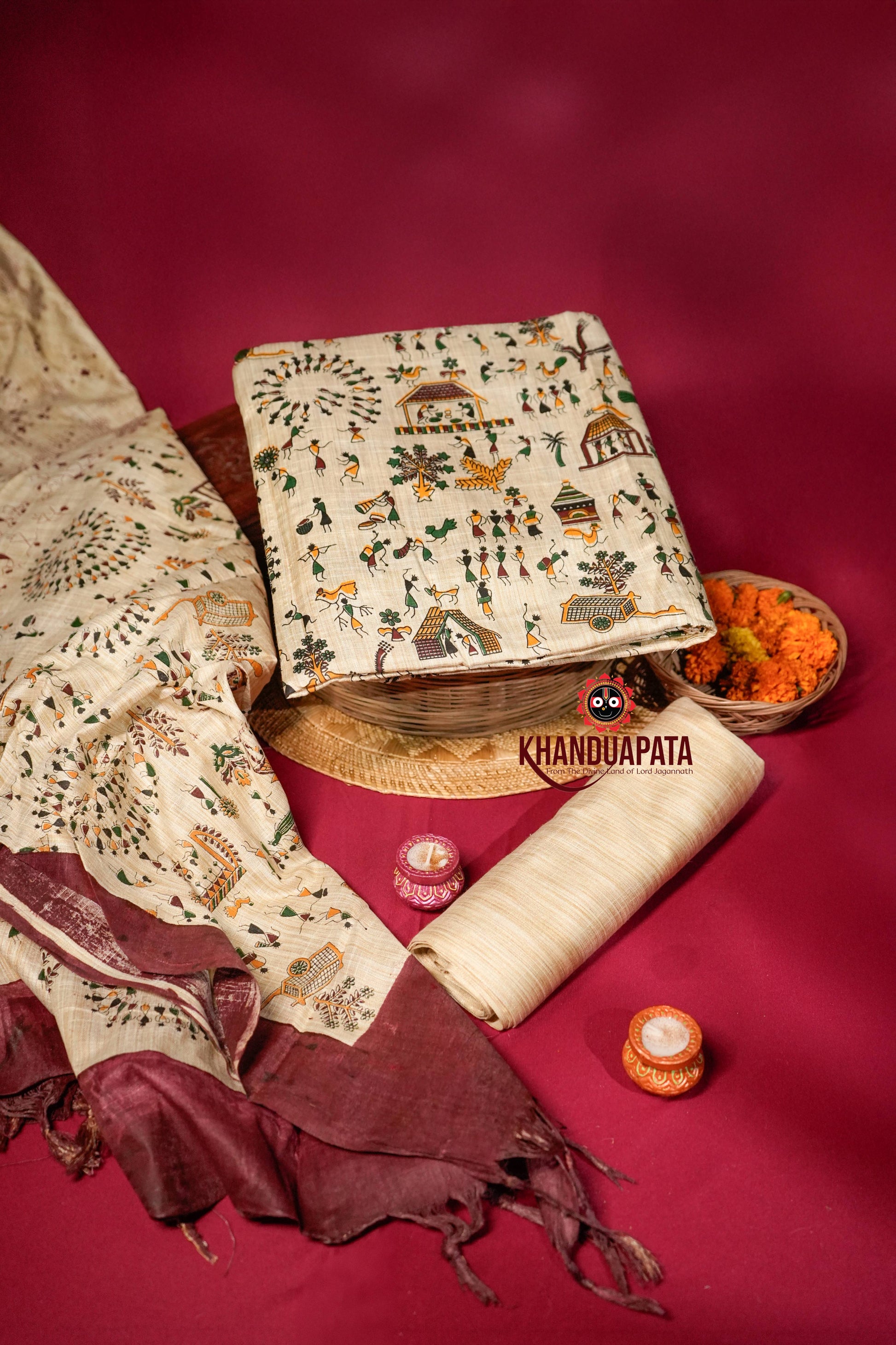 Textile items with intricate patterns on a red background, featuring the brand 'Khanduapata'.