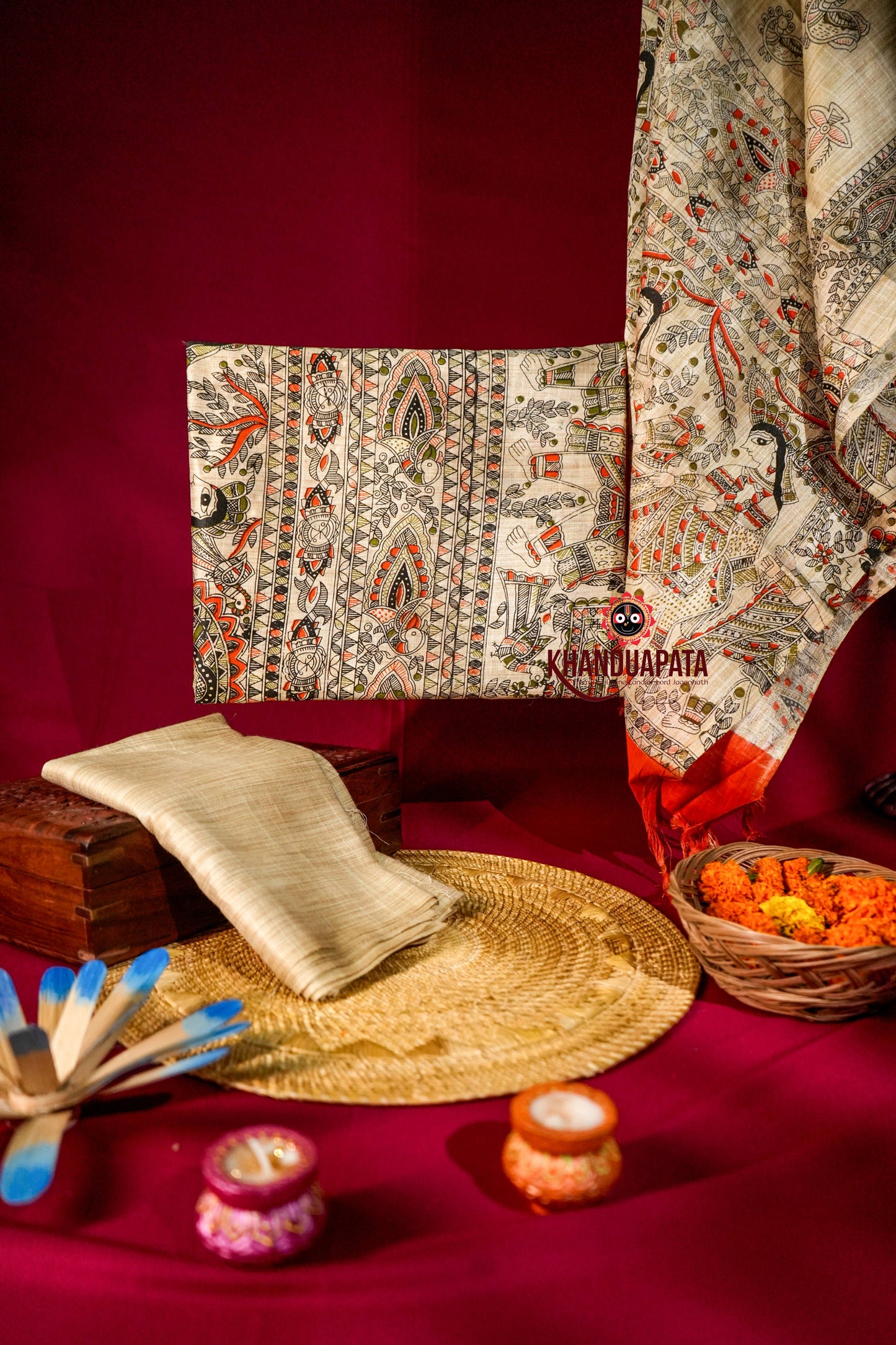Beige & Orange Colour Unstitched Khadi Cotton Suit For Women