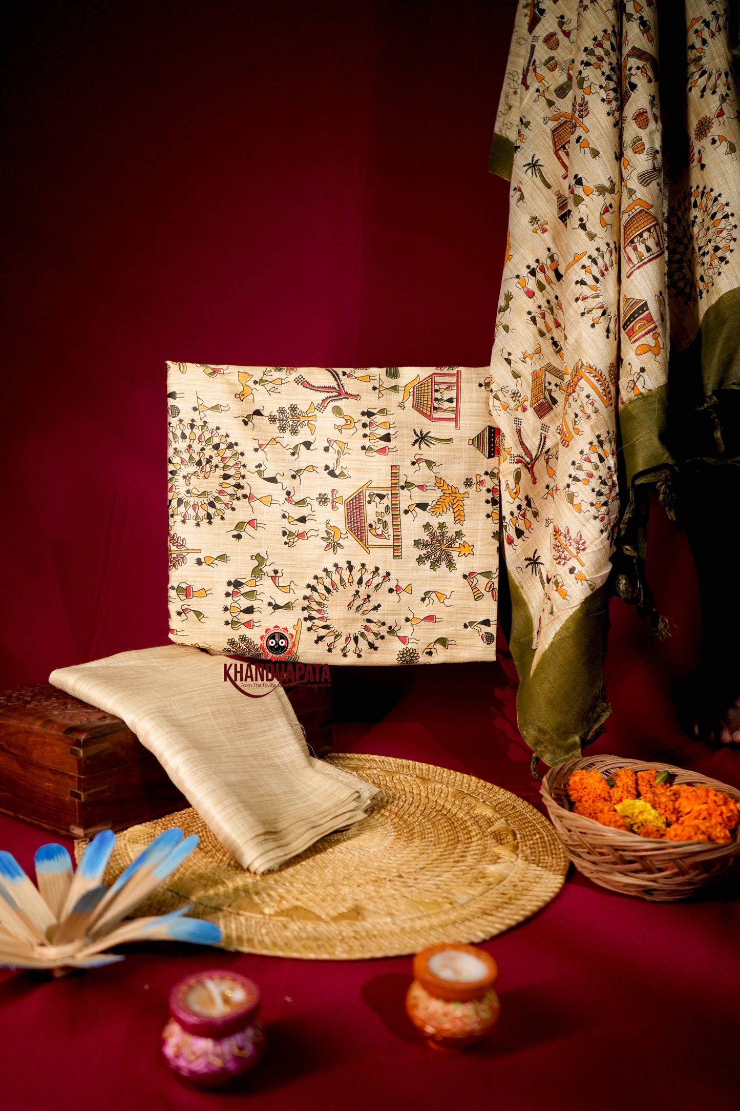 Beige & Mehandi Colour Unstitched Khadi Cotton Suit For Women