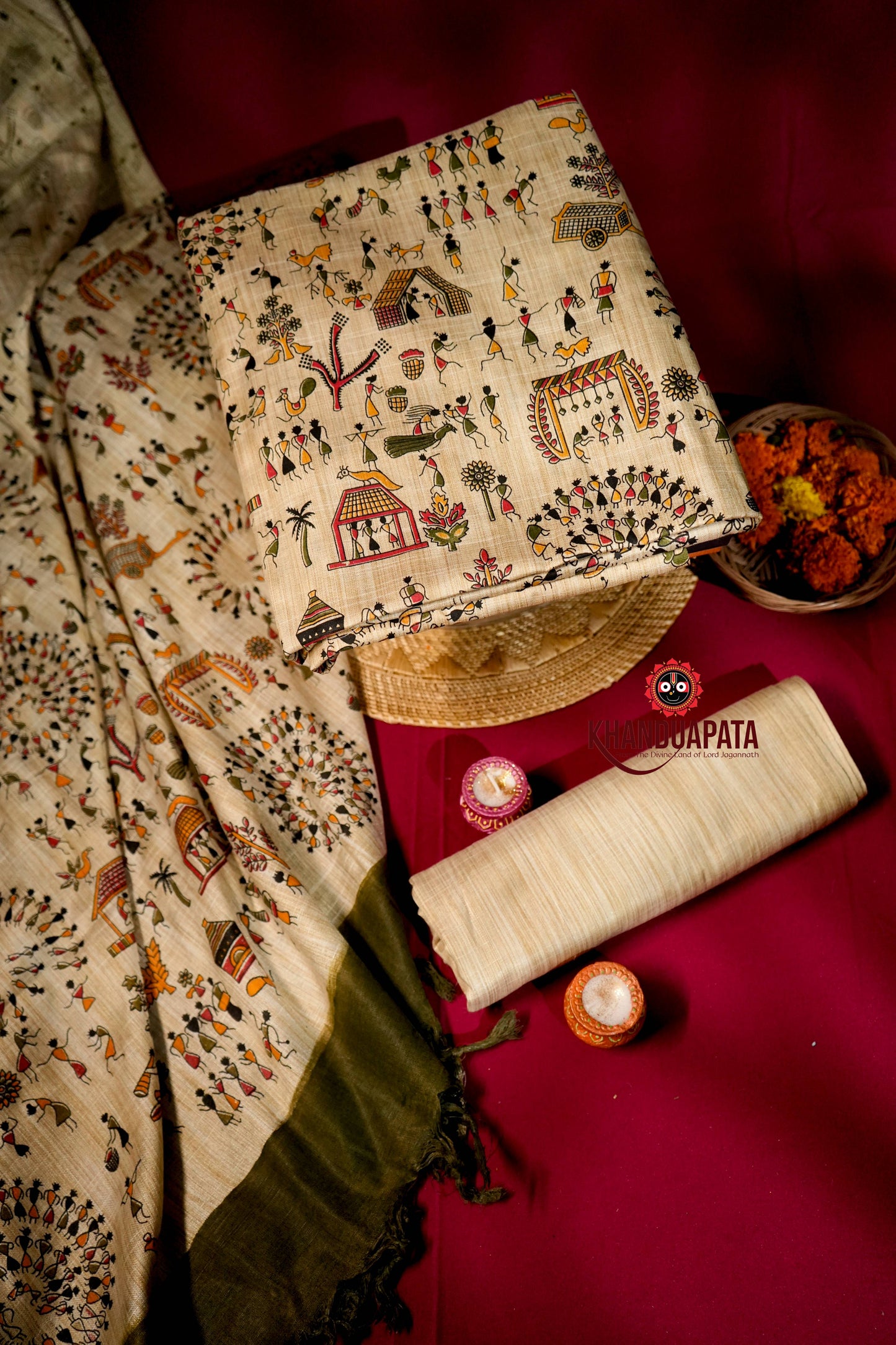 Beige & Mehandi Colour Unstitched Khadi Cotton Suit For Women