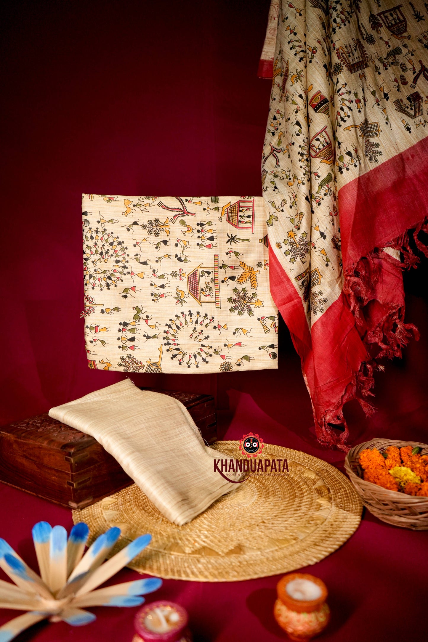 Beige & Red Colour Unstitched Khadi Cotton Suit For Women