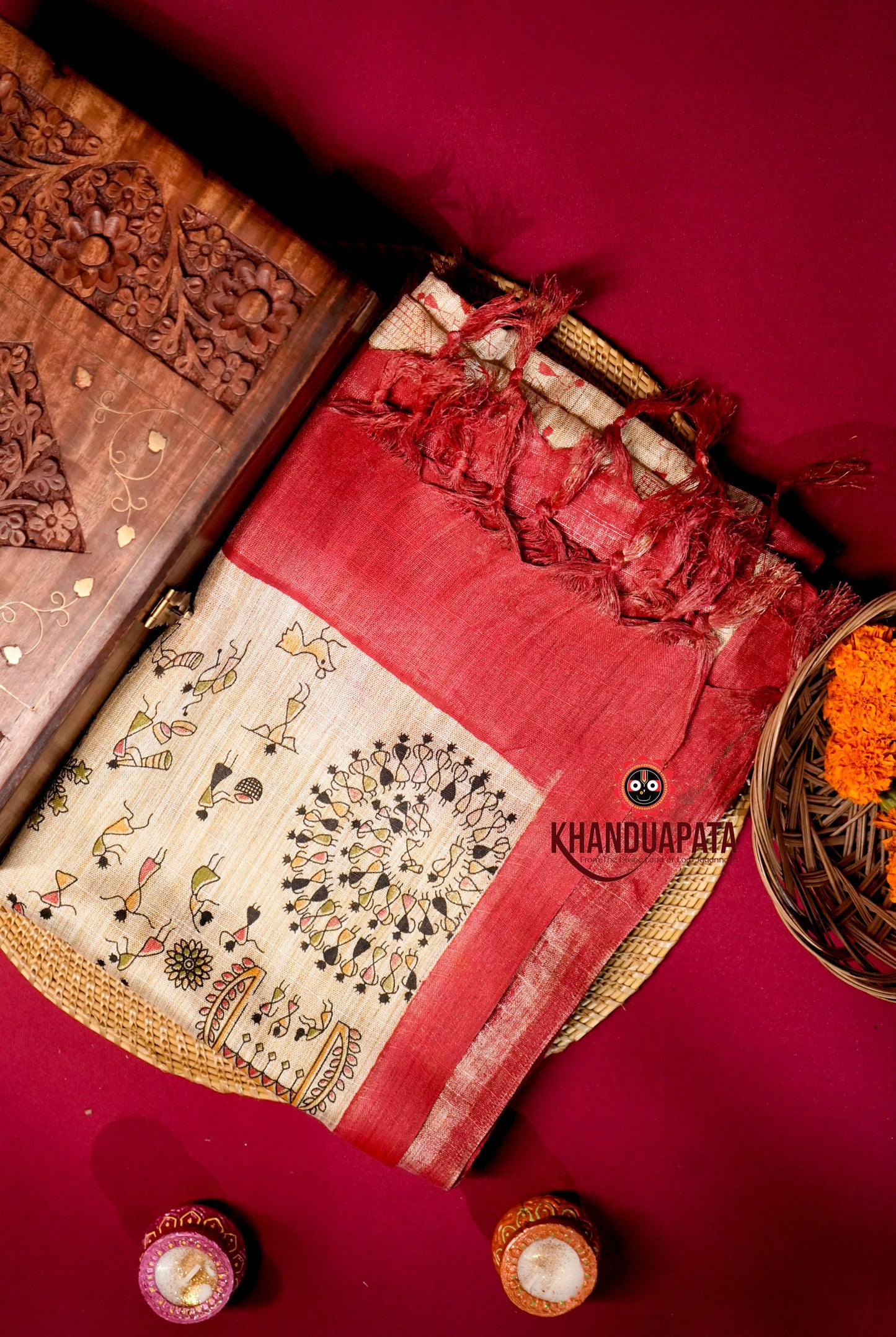 Beige & Red Colour Unstitched Khadi Cotton Suit For Women
