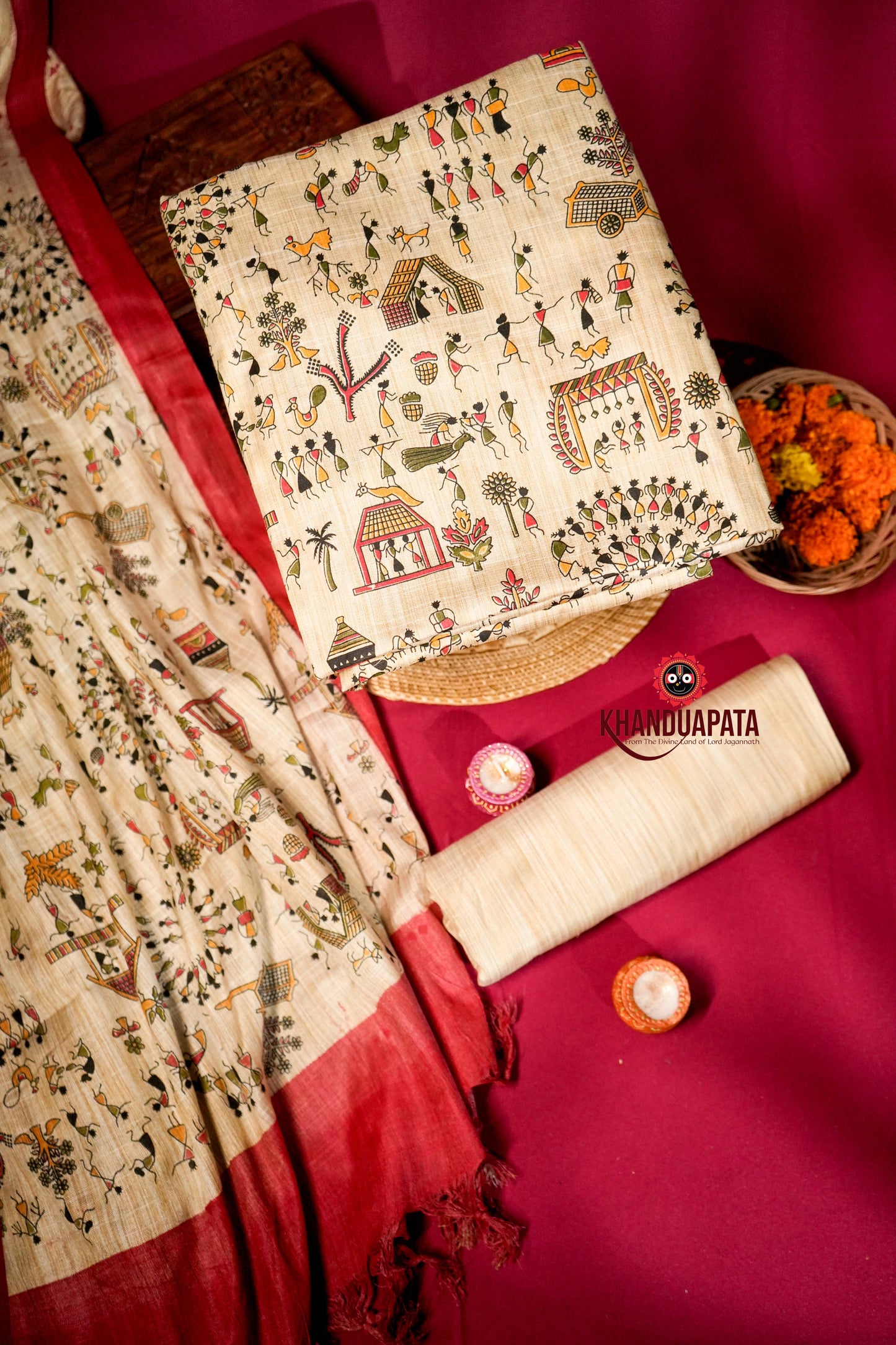 Beige & Red Colour Unstitched Khadi Cotton Suit For Women