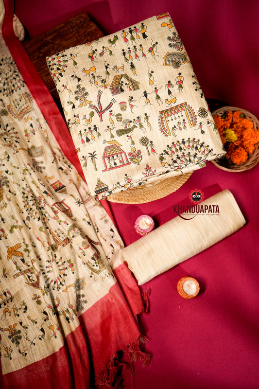 Beige & Red Colour Unstitched Khadi Cotton Suit For Women