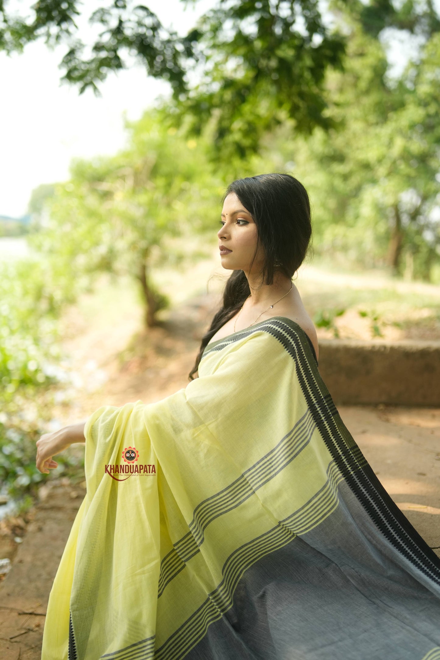 Grey and Light Yellow Plain Cotton Saree For Women