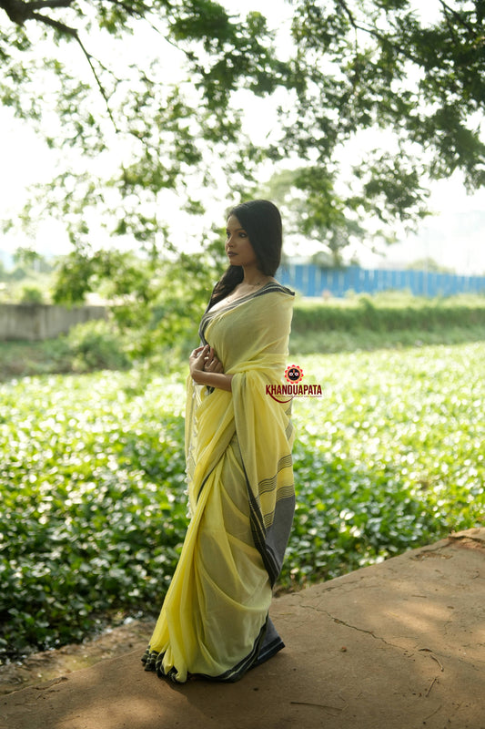Grey and Light Yellow Plain Cotton Saree For Women