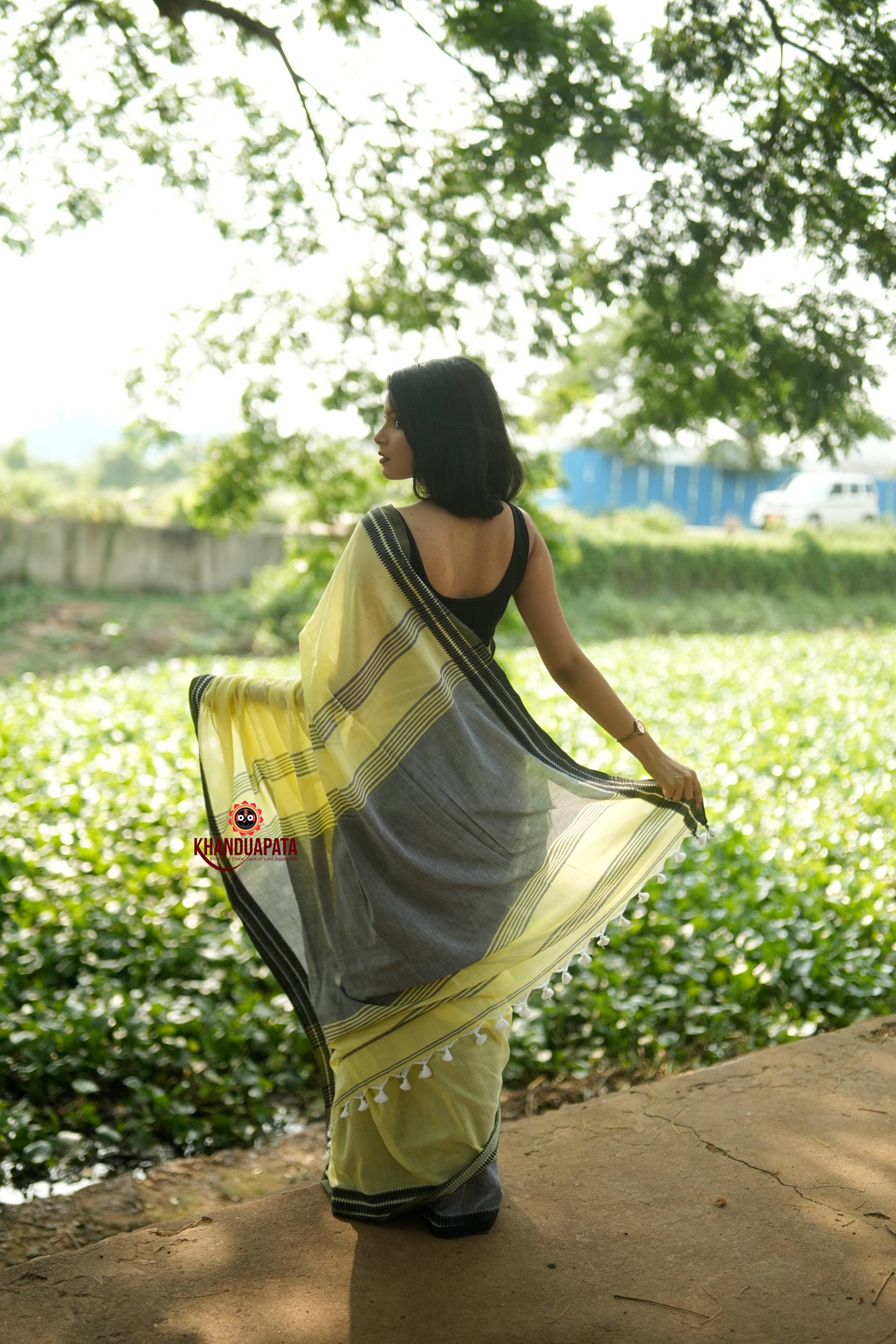 Grey and Light Yellow Plain Cotton Saree For Women