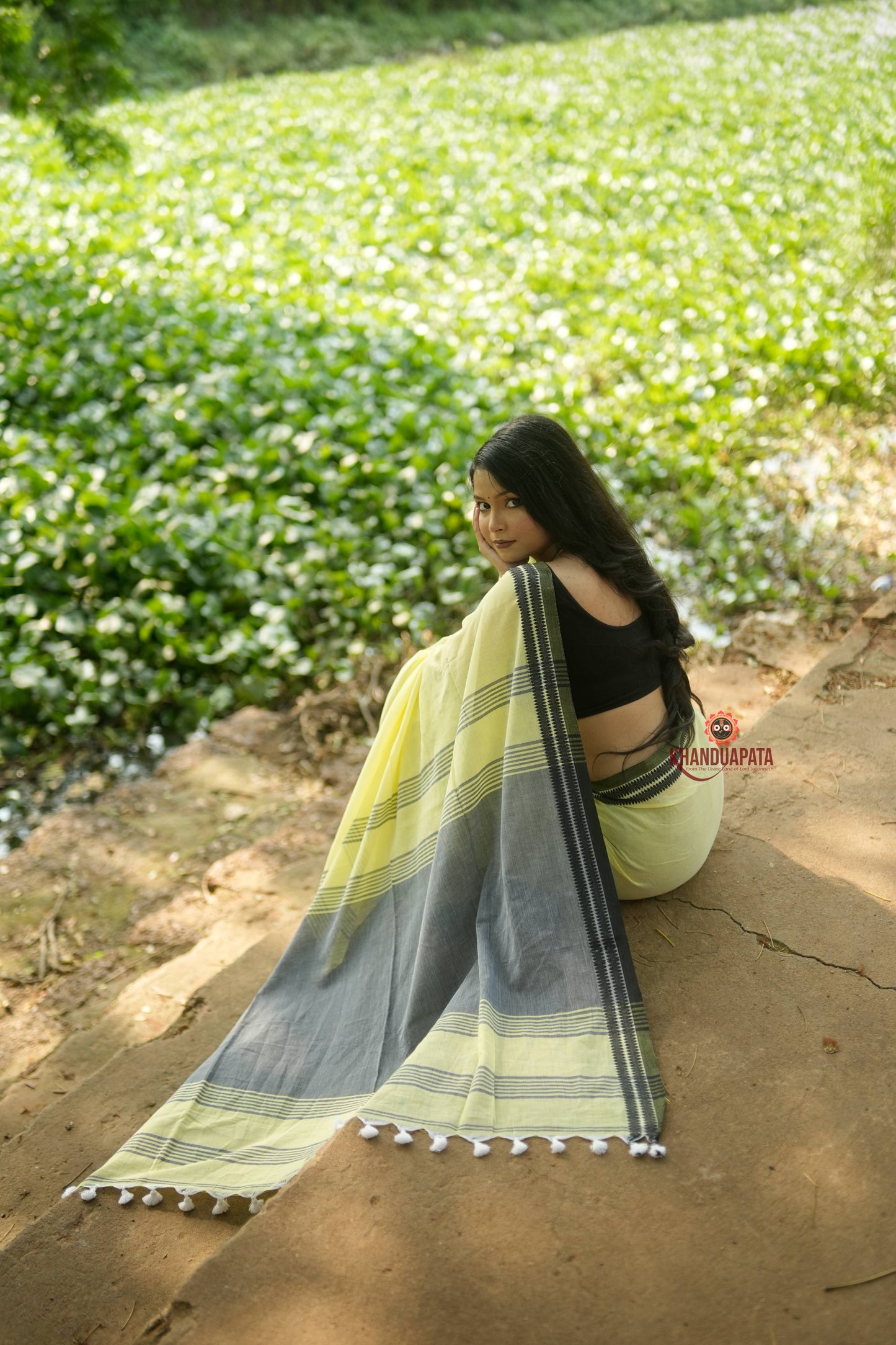Grey and Light Yellow Plain Cotton Saree For Women