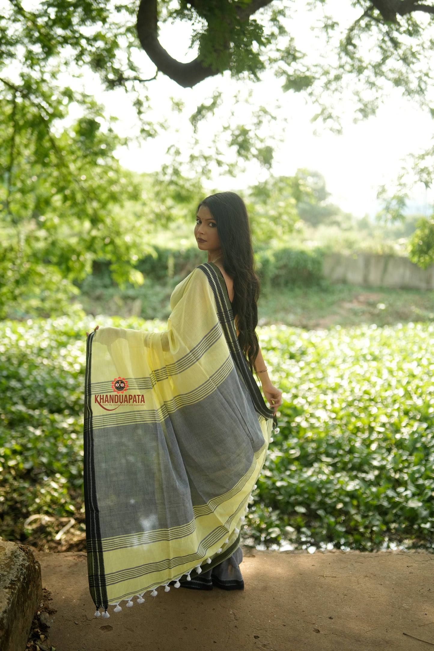 Grey and Light Yellow Plain Cotton Saree For Women