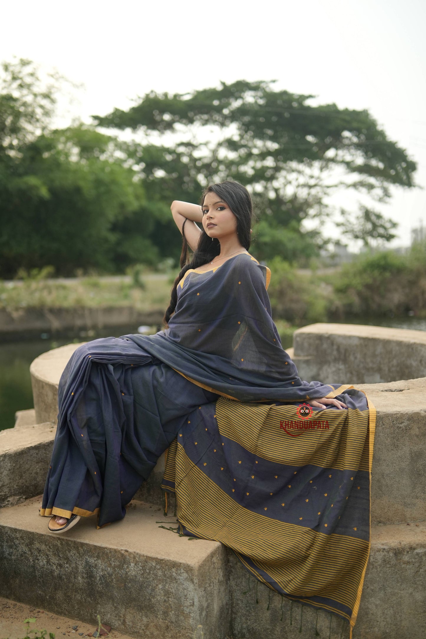 Grey and Mustard Yellow Dot Pattern Cotton Saree For Women