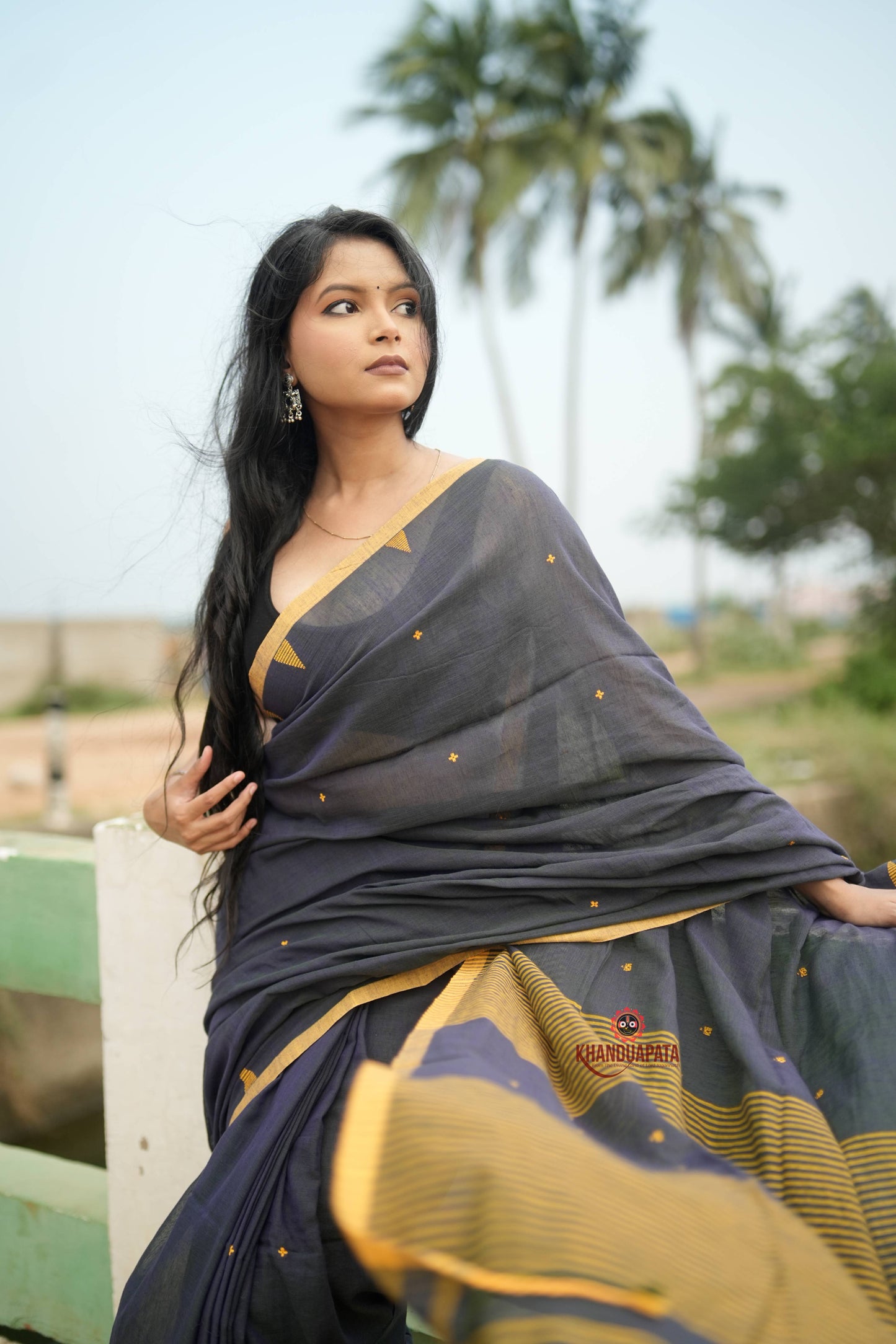 Grey and Mustard Yellow Dot Pattern Cotton Saree For Women