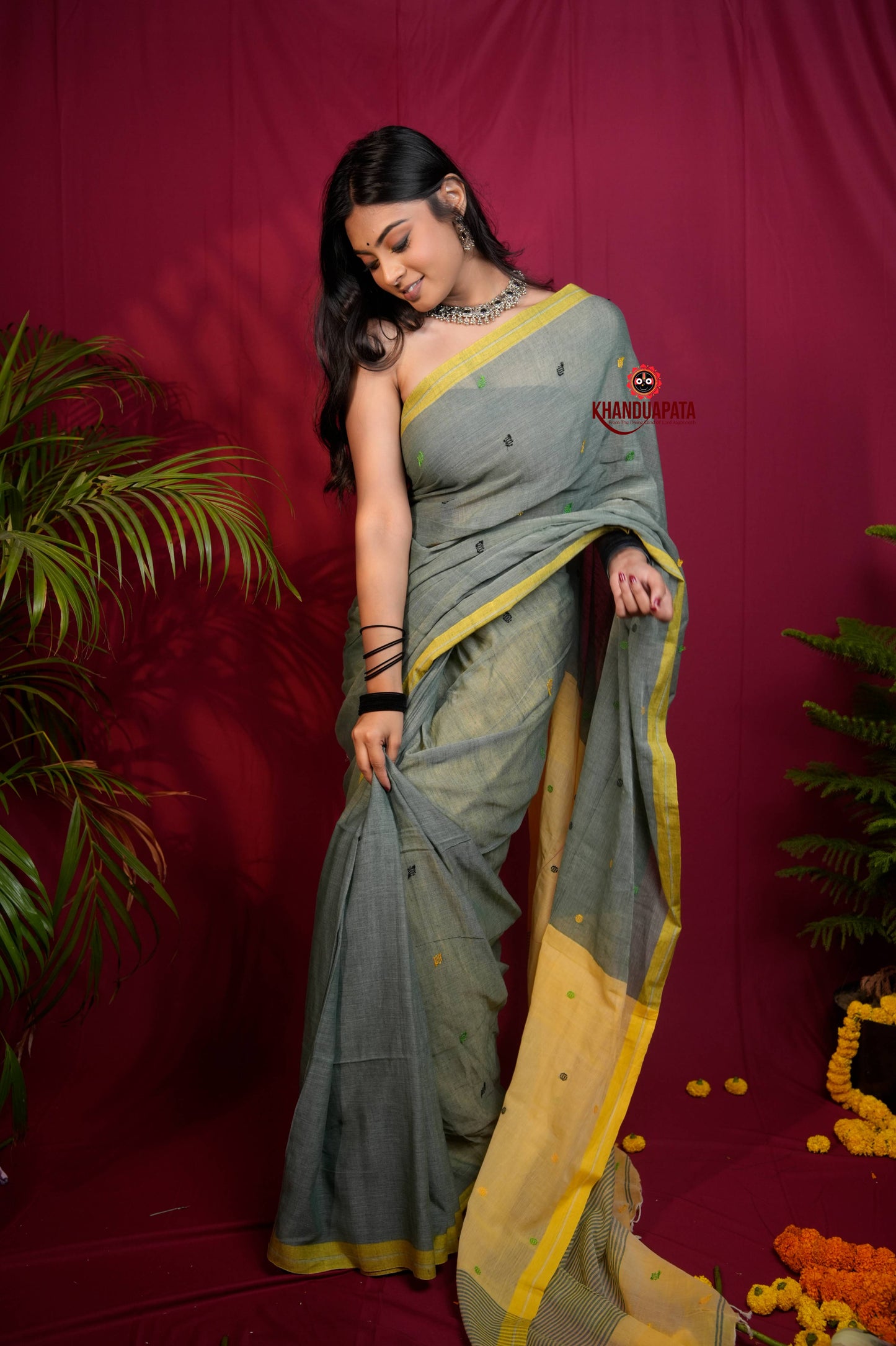 Grey and Yellow Dot Pattern Cotton Saree For Women