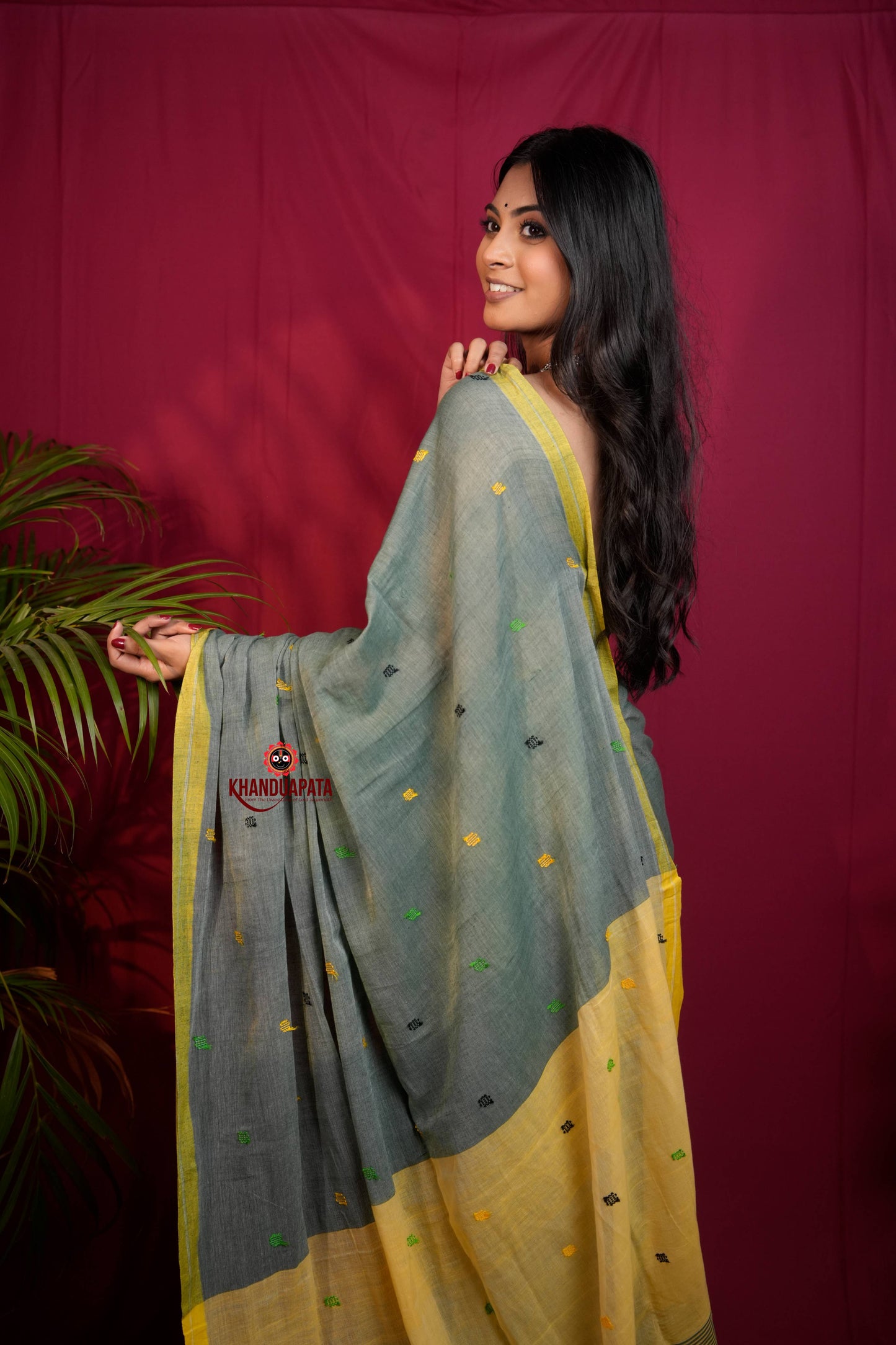 Grey and Yellow Dot Pattern Cotton Saree For Women