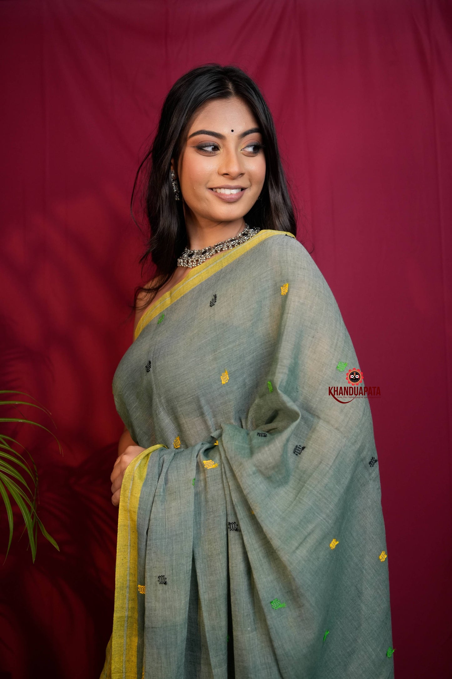 Grey and Yellow Dot Pattern Cotton Saree For Women