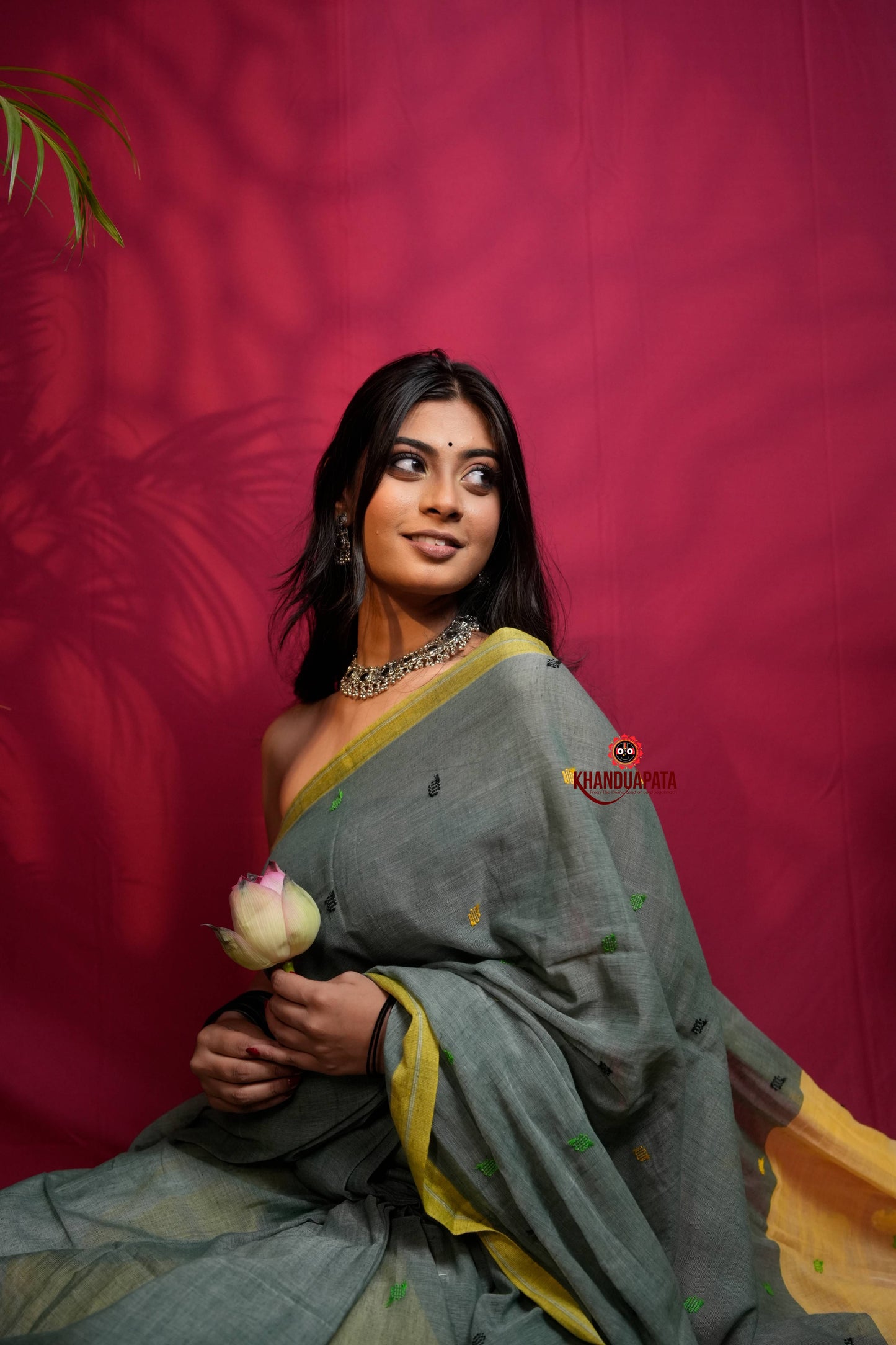 Grey and Yellow Dot Pattern Cotton Saree For Women