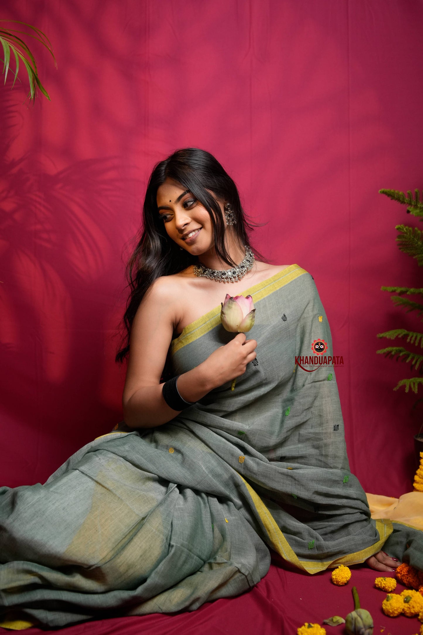 Grey and Yellow Dot Pattern Cotton Saree For Women