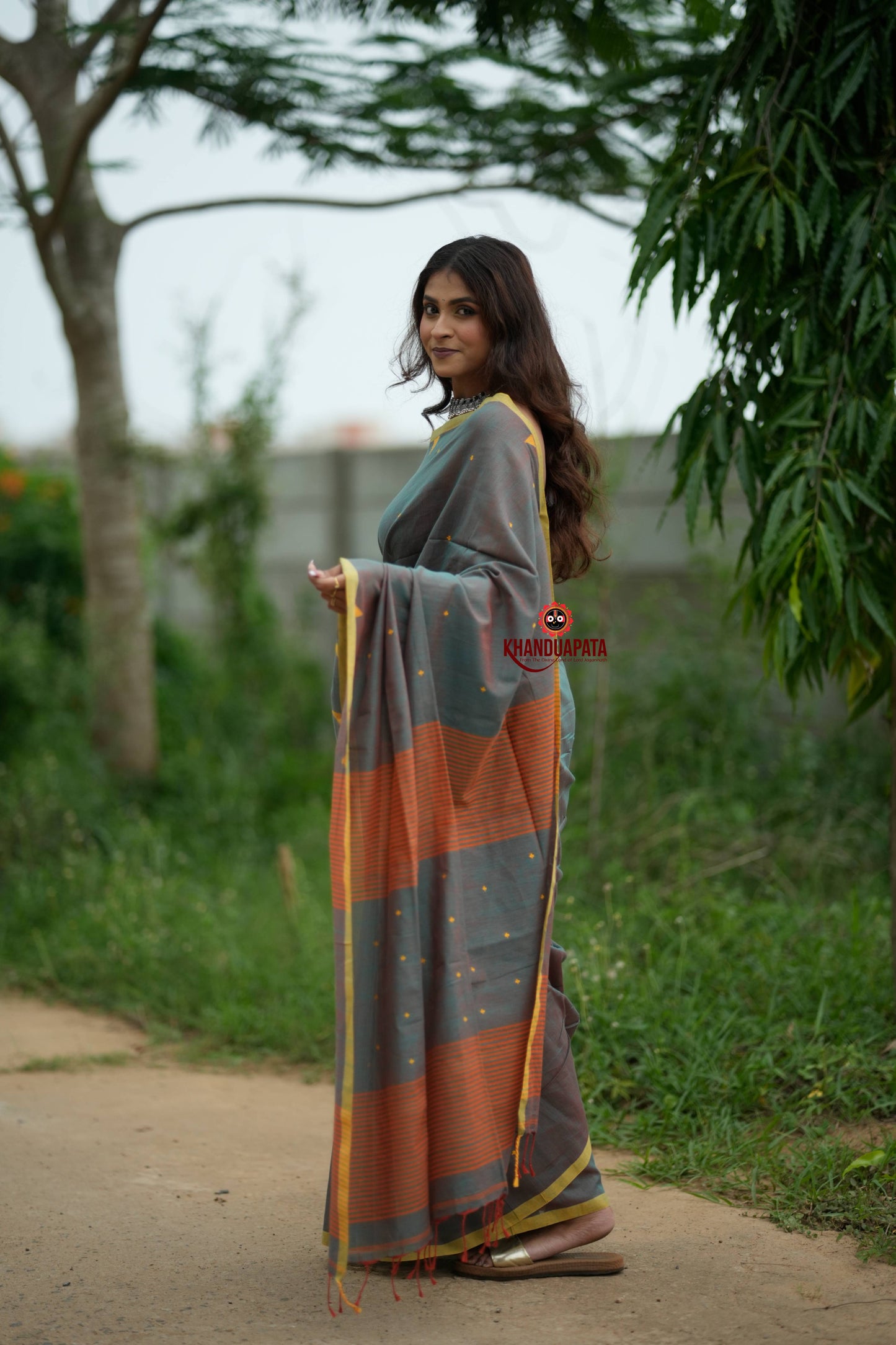 Orange and Grey Dot Pattern Cotton Saree For Women