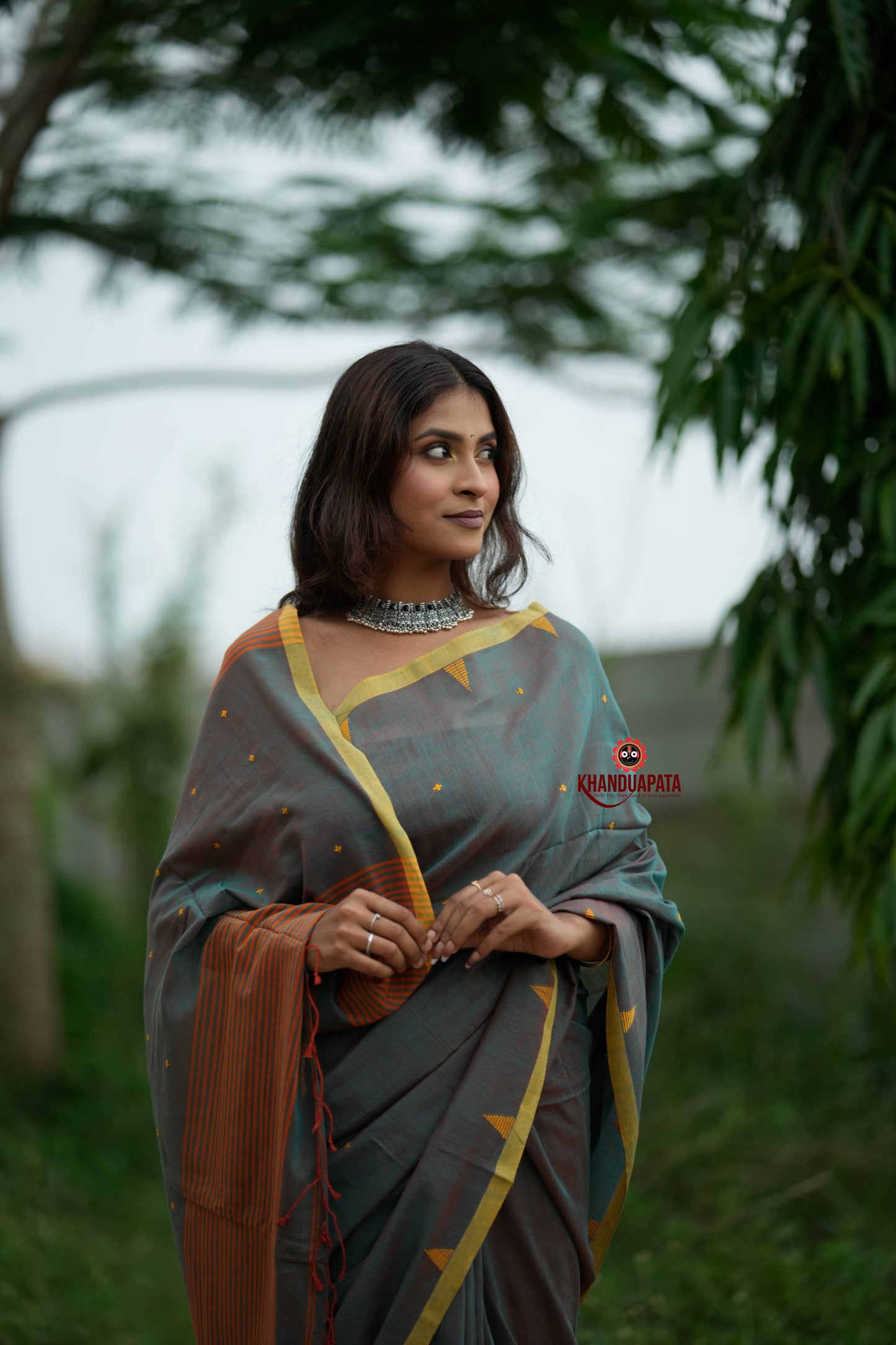 Orange and Grey Dot Pattern Cotton Saree For Women