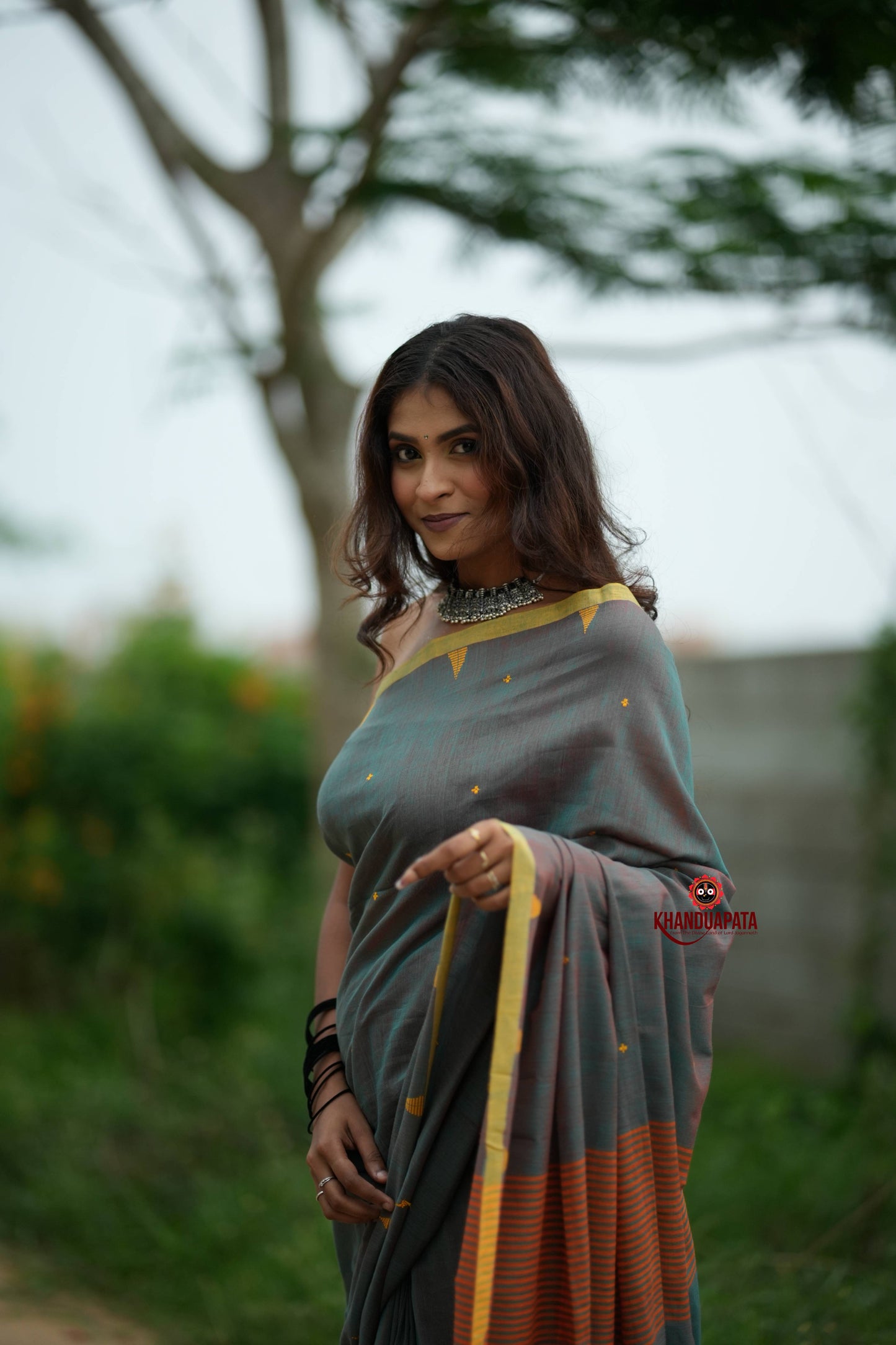 Orange and Grey Dot Pattern Cotton Saree For Women