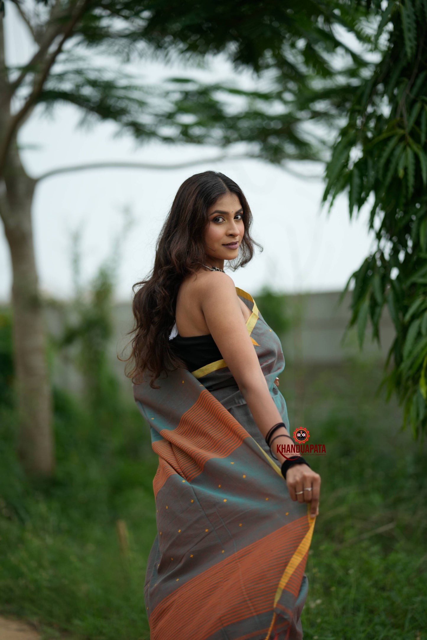 Orange and Grey Dot Pattern Cotton Saree For Women