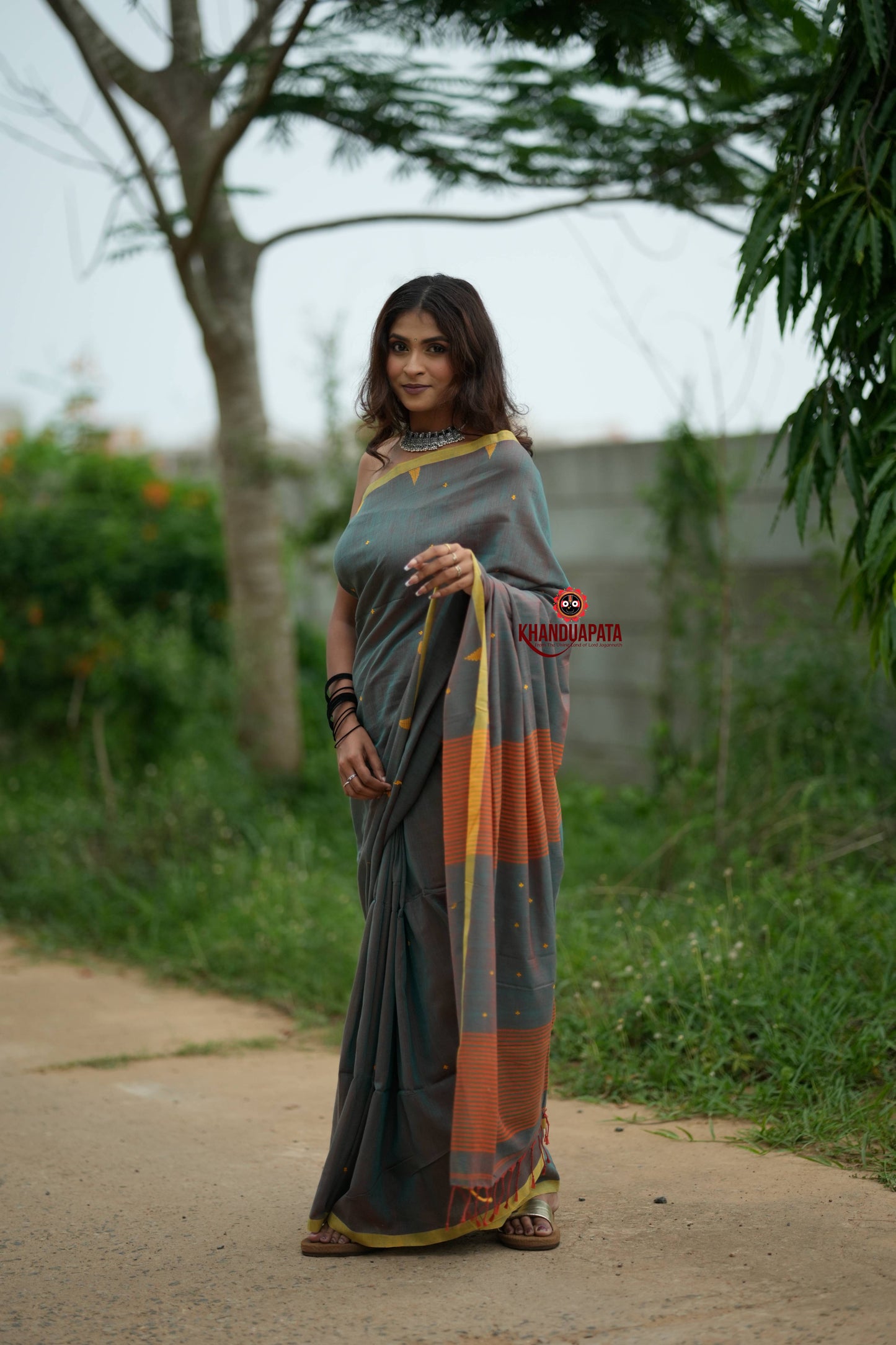 Orange and Grey Dot Pattern Cotton Saree For Women