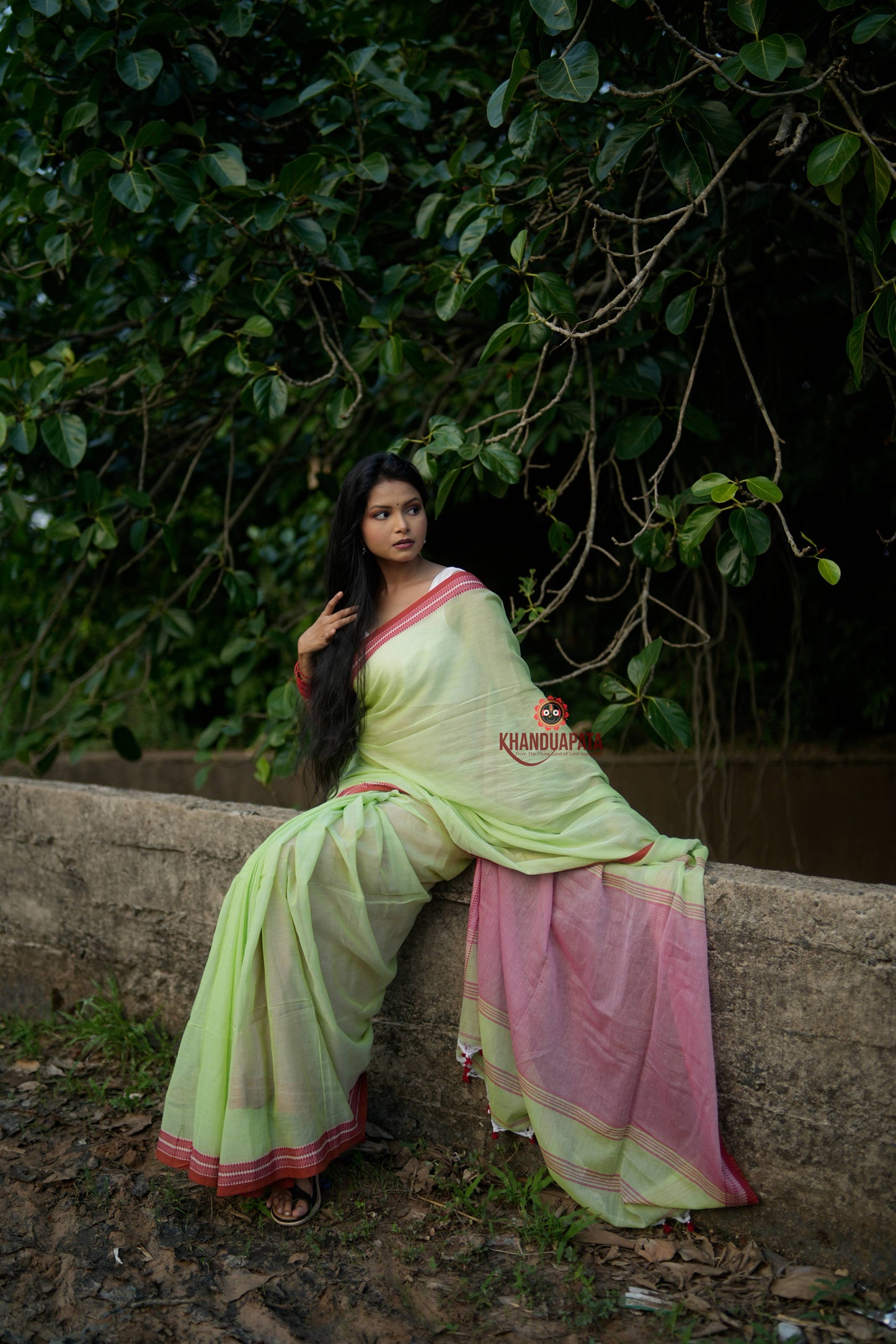 Pink and Pastel Green Plain Cotton Saree For Women