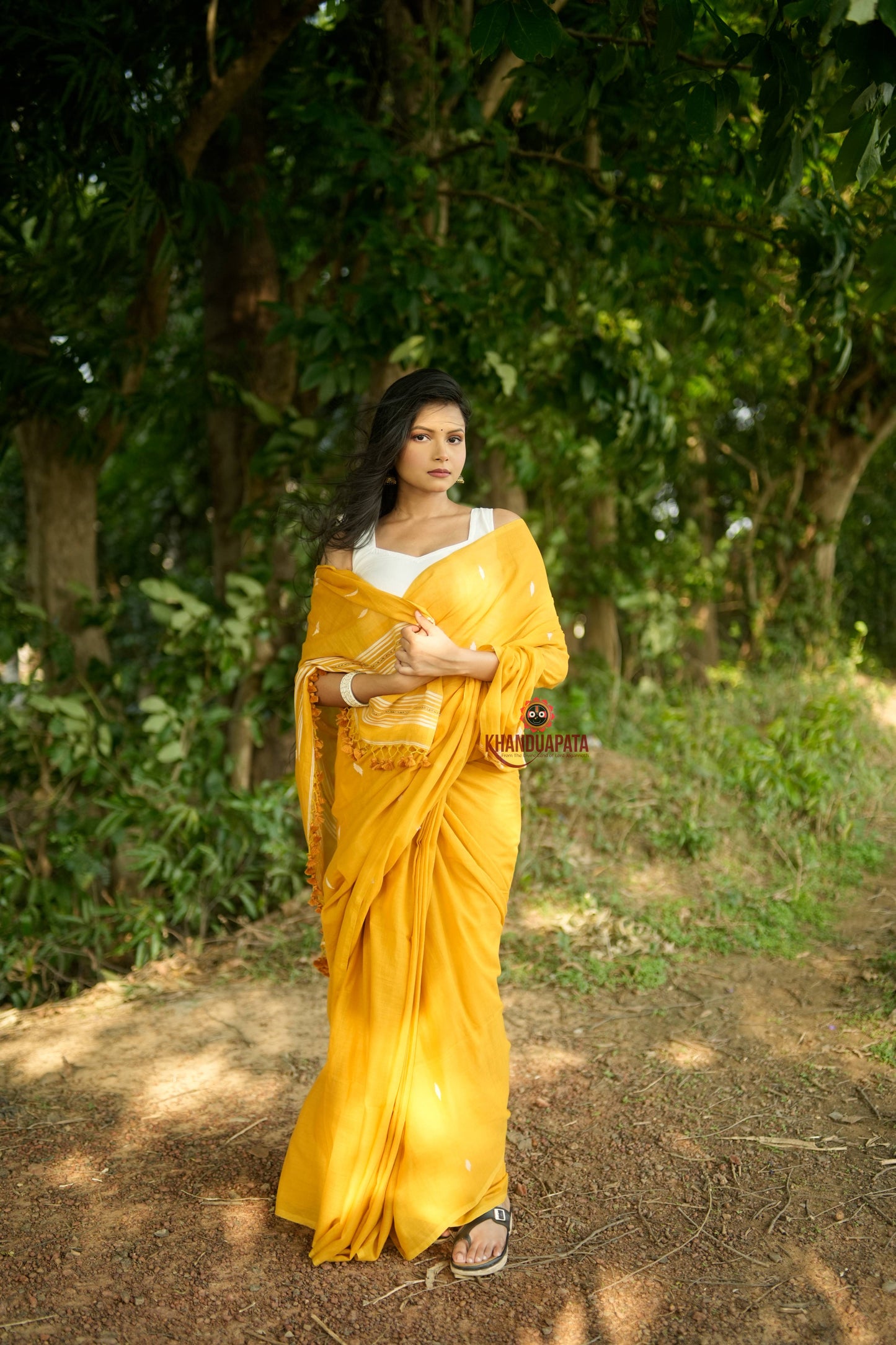 White & Mustard Yellow Leaf Pattern Cotton Saree For Women