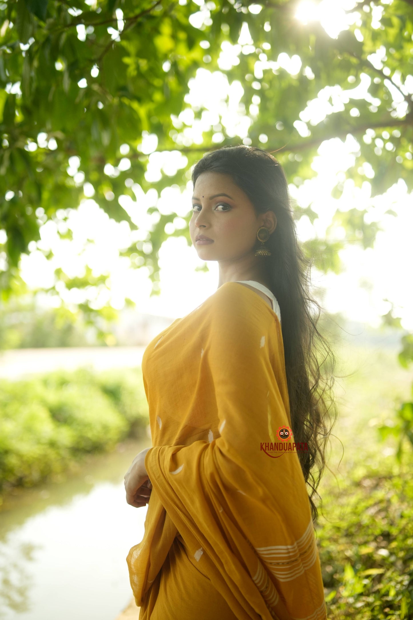 White & Mustard Yellow Leaf Pattern Cotton Saree For Women